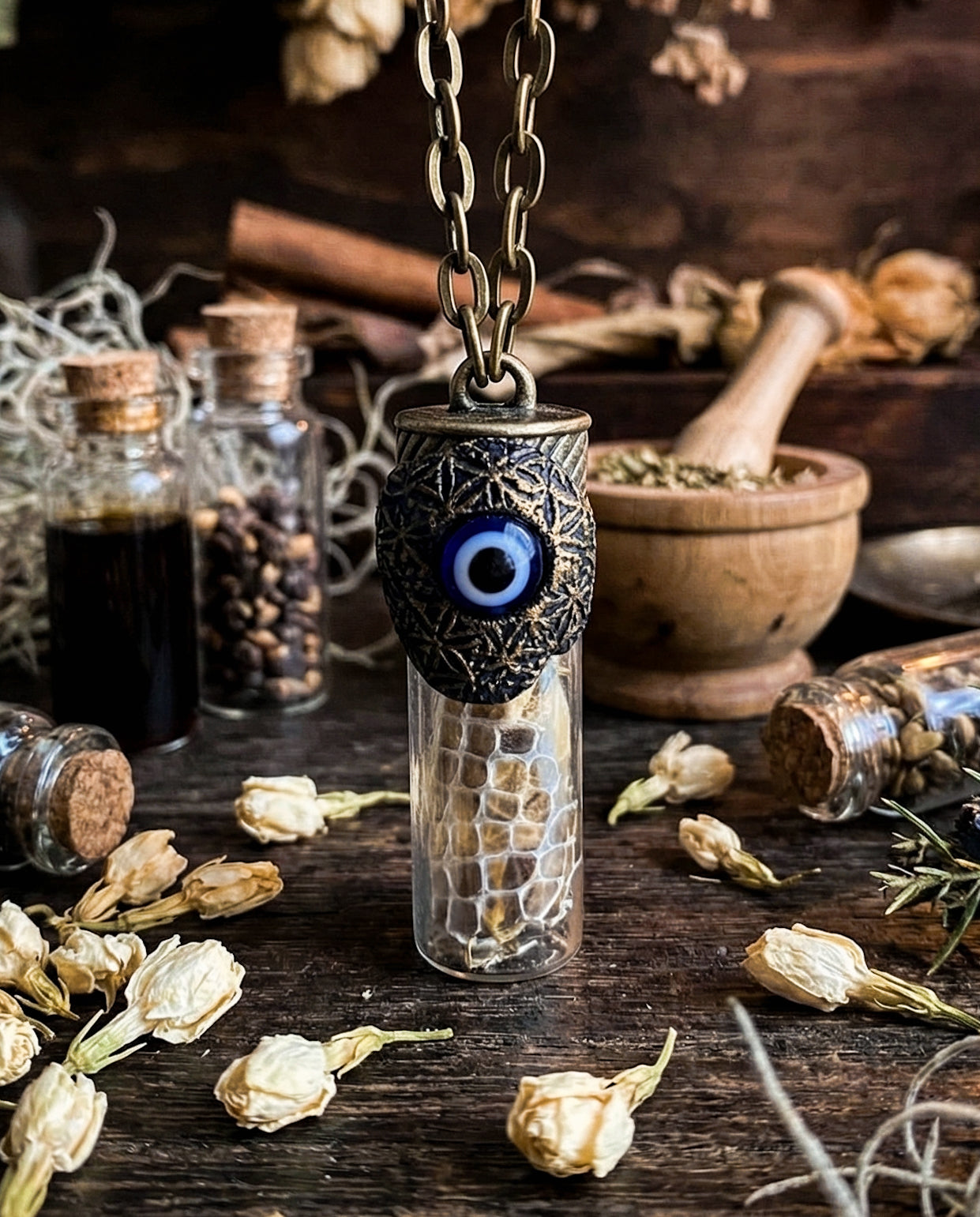 Evil Eye + Flower of Life Necklace for Protection + Spiritual Transformation -With Jasmine Flowers + Snake Skin