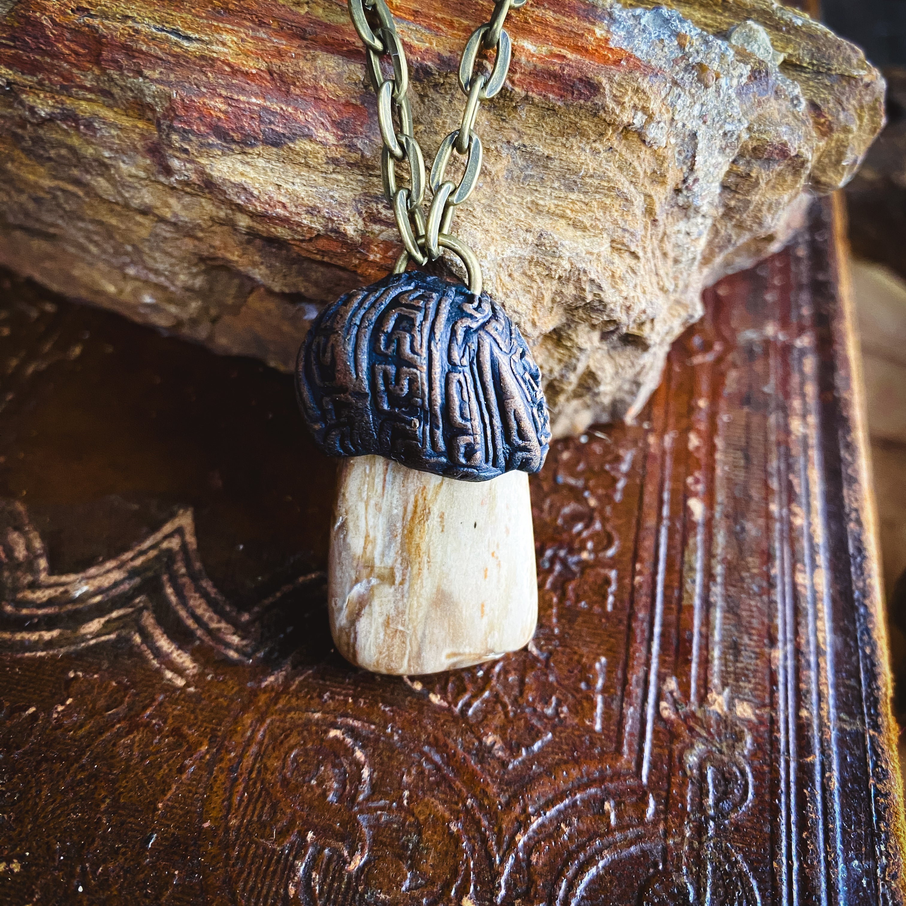 Handcrafted Clay Talisman Necklace with Petrified Wood