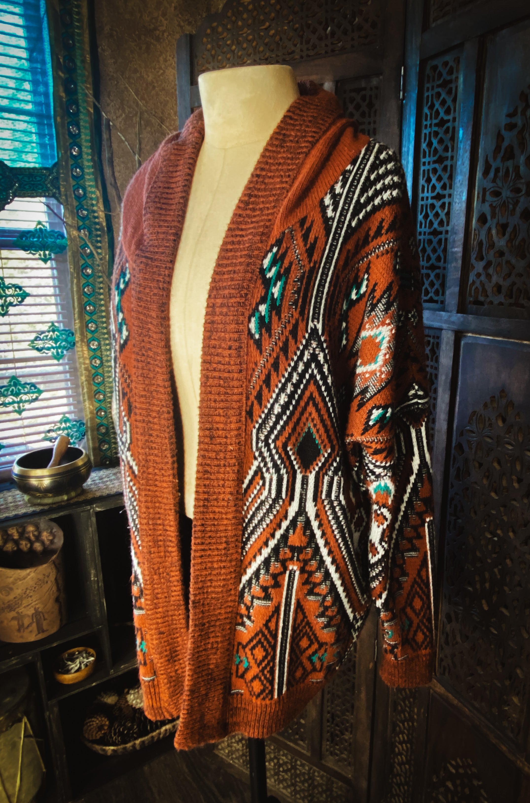 Tribal Design Cardigan With a Hood - Size Medium