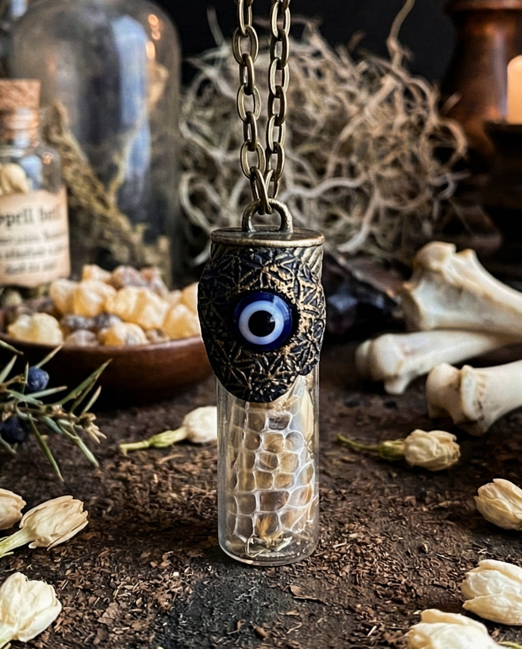 Evil Eye + Flower of Life Necklace for Protection + Spiritual Transformation -With Jasmine Flowers + Snake Skin