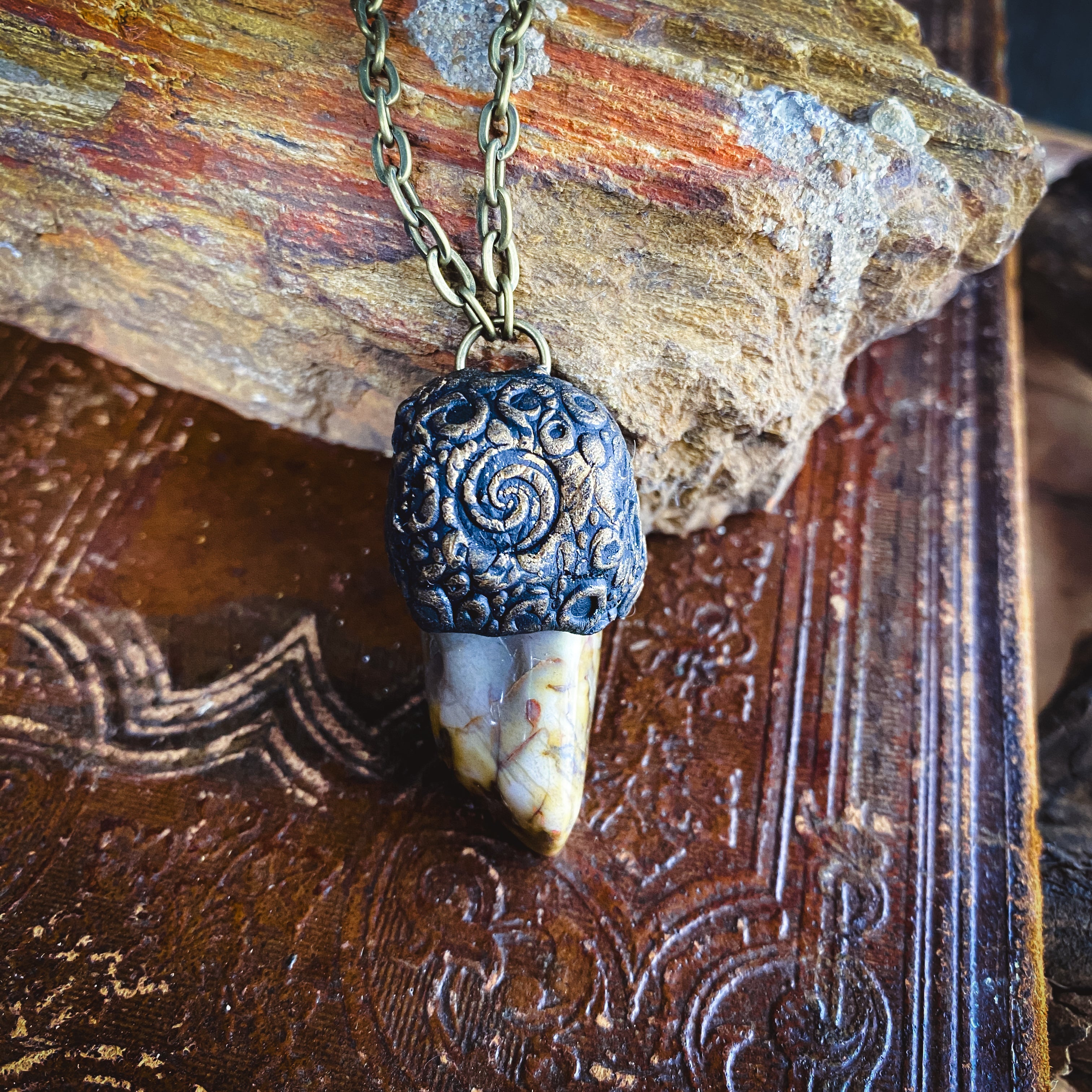 Handcrafted Clay Talisman Necklace with Petrified Wood