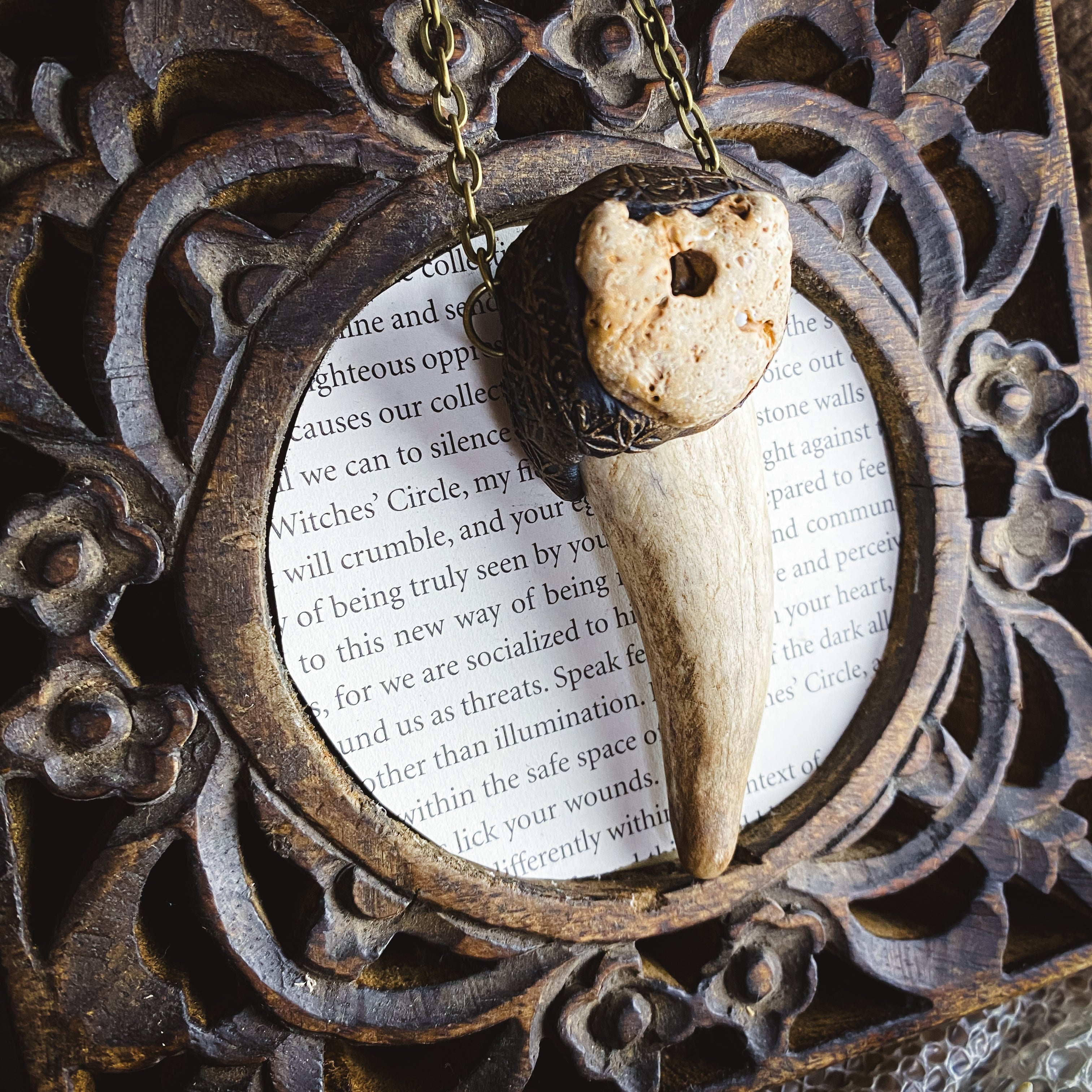 Deer Medicine Necklace - Handcrafted Antler and Hag StoneTalisman with the Flower of Life Design