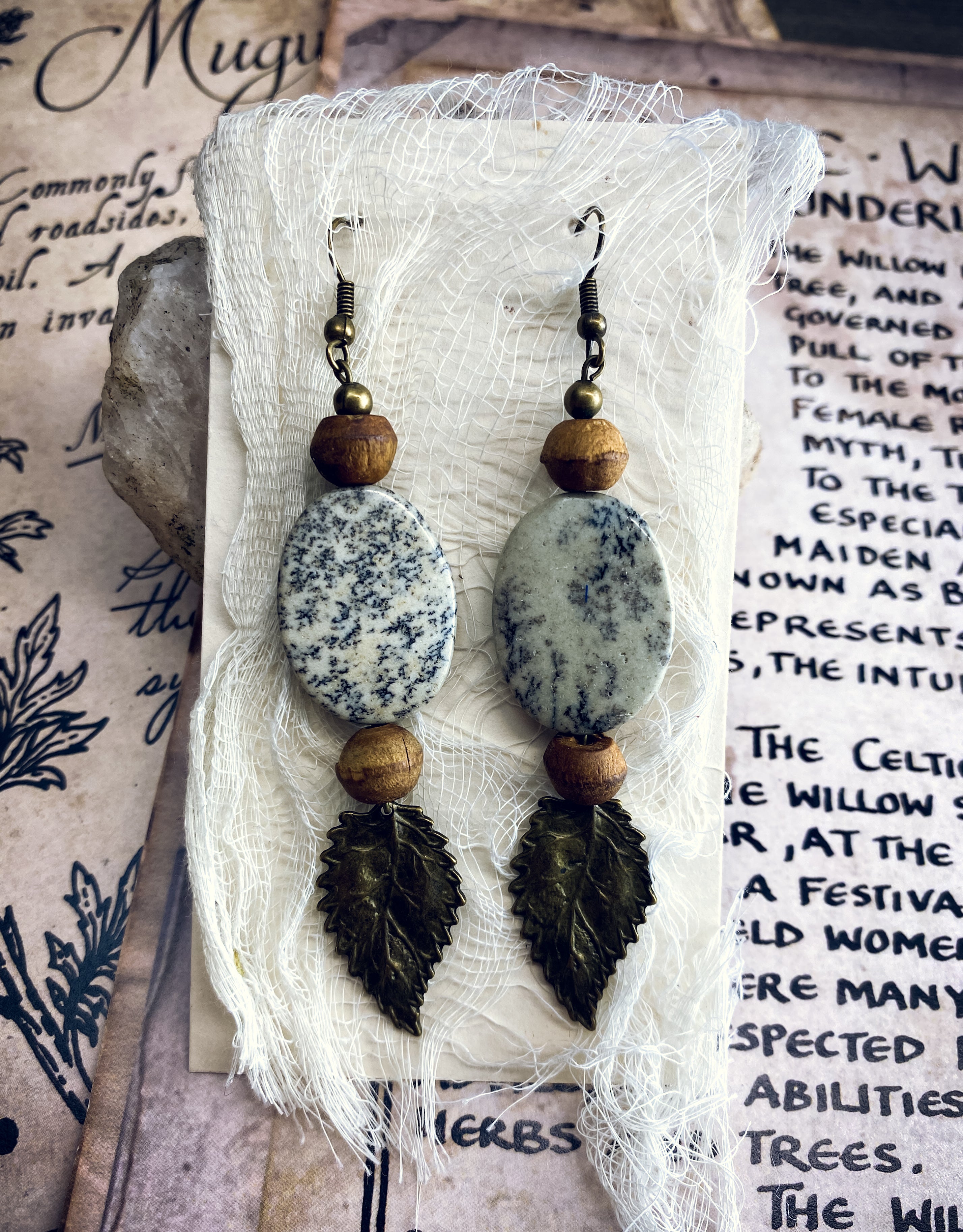 Nature Earrings with Dendritic Jasper + Leaves