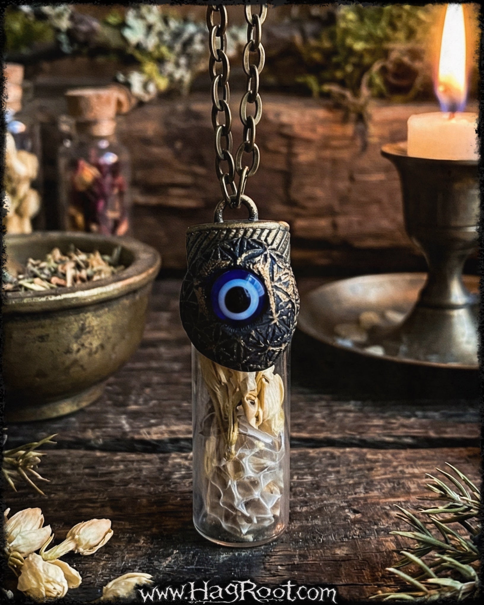 Evil Eye + Flower of Life Necklace for Protection + Spiritual Transformation -With Jasmine Flowers + Snake Skin