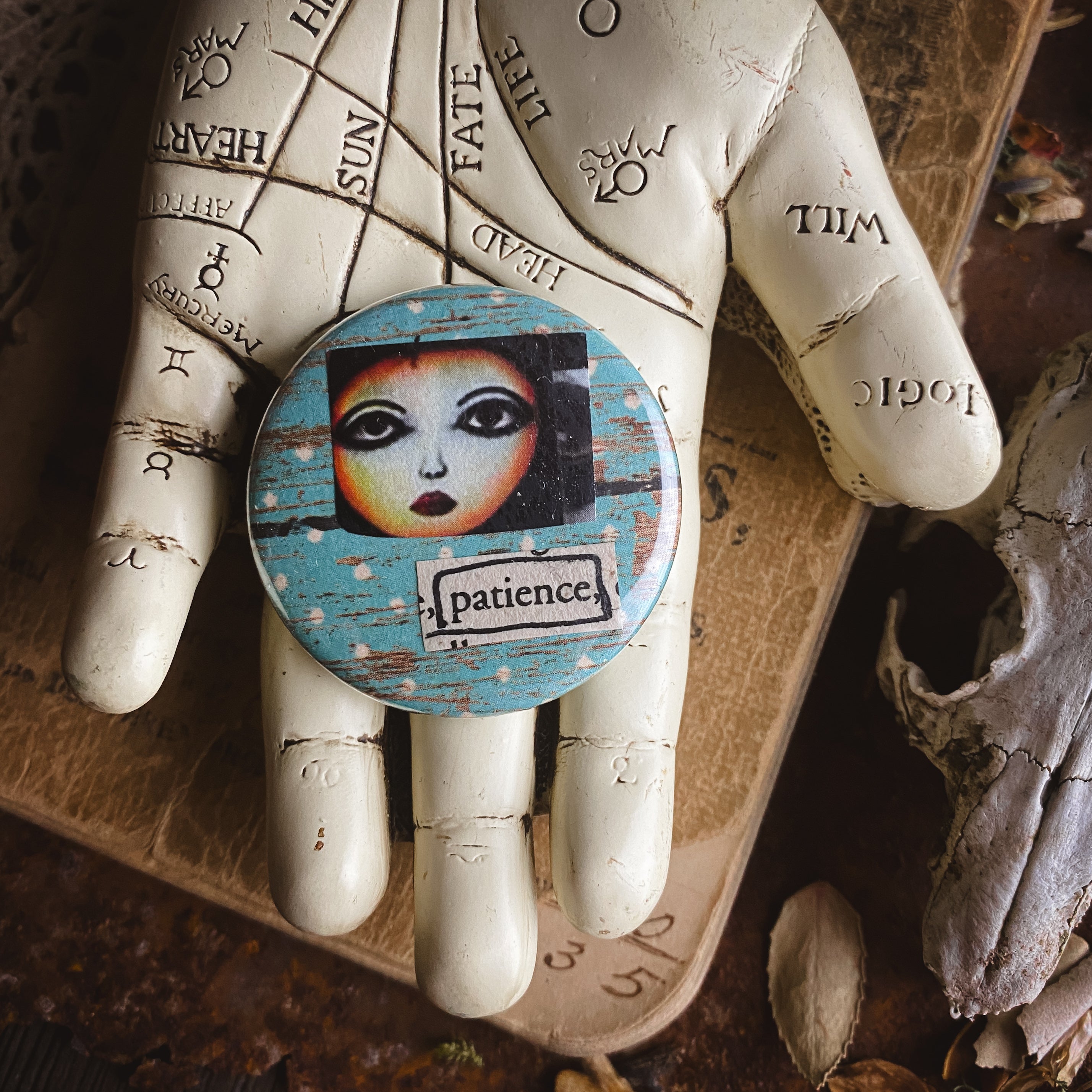 Patience - 1.5" Pin Back Button Featuring Original Collage Art
