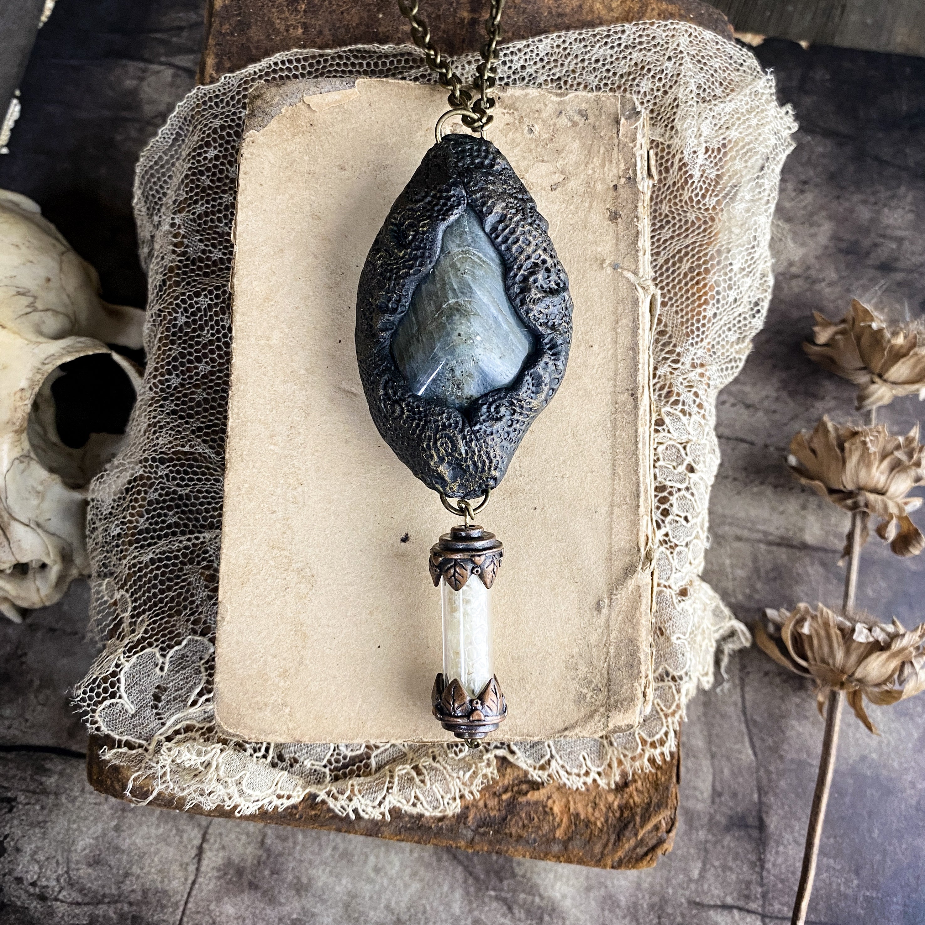 Labradorite + Snake Skin Necklace - Handcrafted Clay Talisman