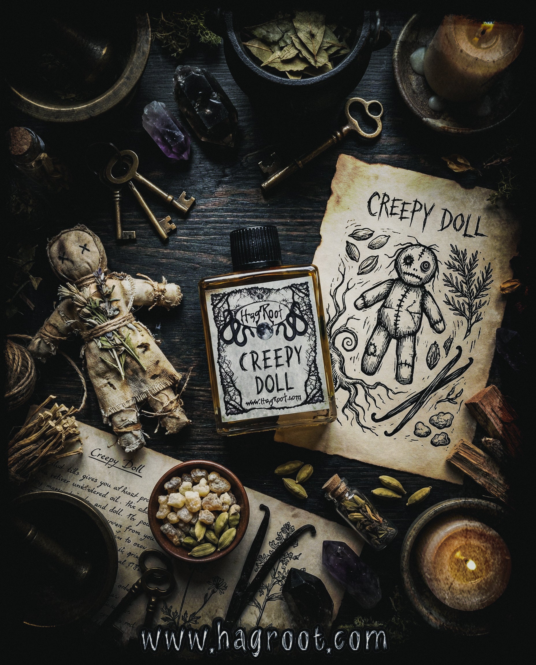 CREEPY DOLL-(Spun Sugar, Vanilla, Cardamom, Vetiver, Cedar, Frankincense)-Perfume, Cologne, Anointing, Ritual Oil