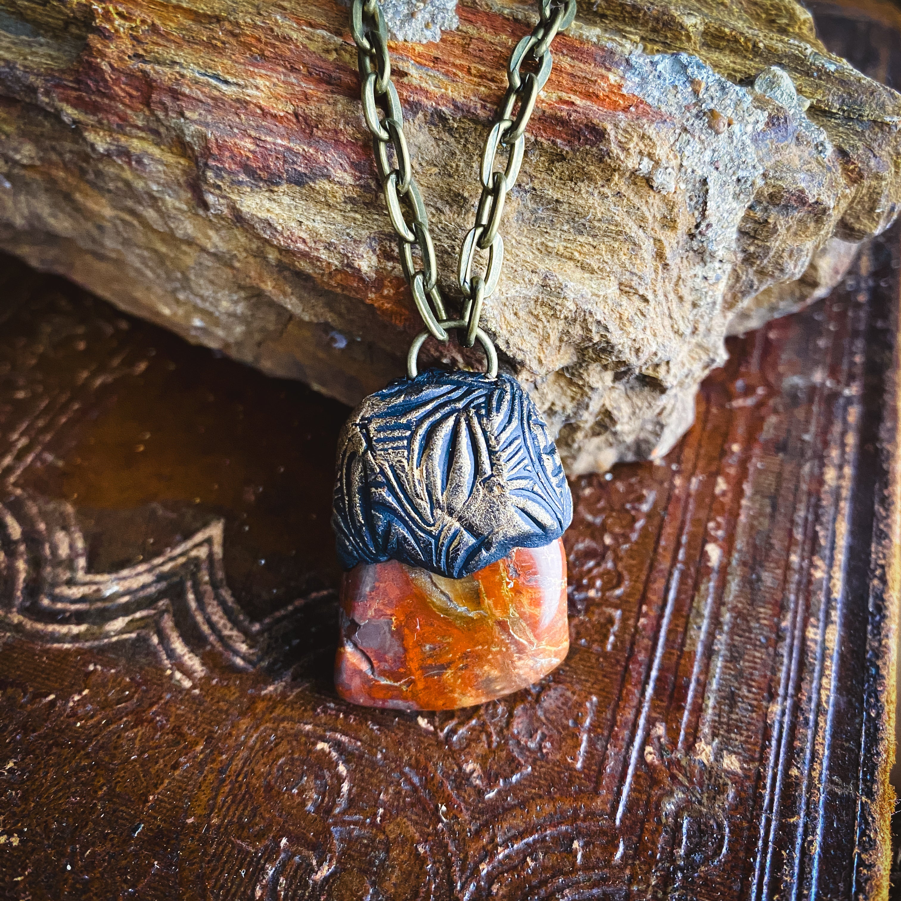 Handcrafted Clay Talisman Necklace with Petrified Wood