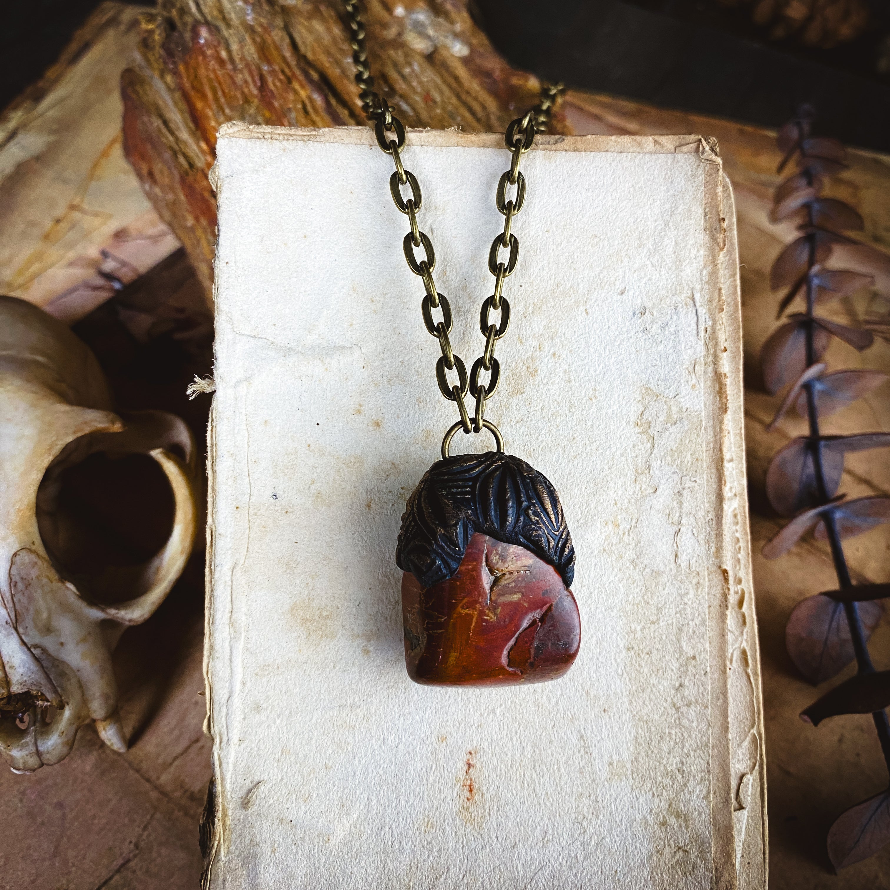 Handcrafted Clay Talisman Necklace with Petrified Wood