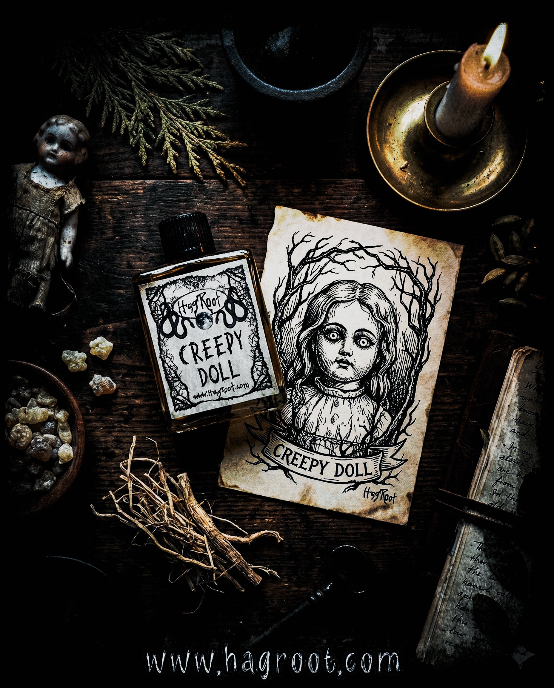 CREEPY DOLL-(Spun Sugar, Vanilla, Cardamom, Vetiver, Cedar, Frankincense)-Perfume, Cologne, Anointing, Ritual Oil