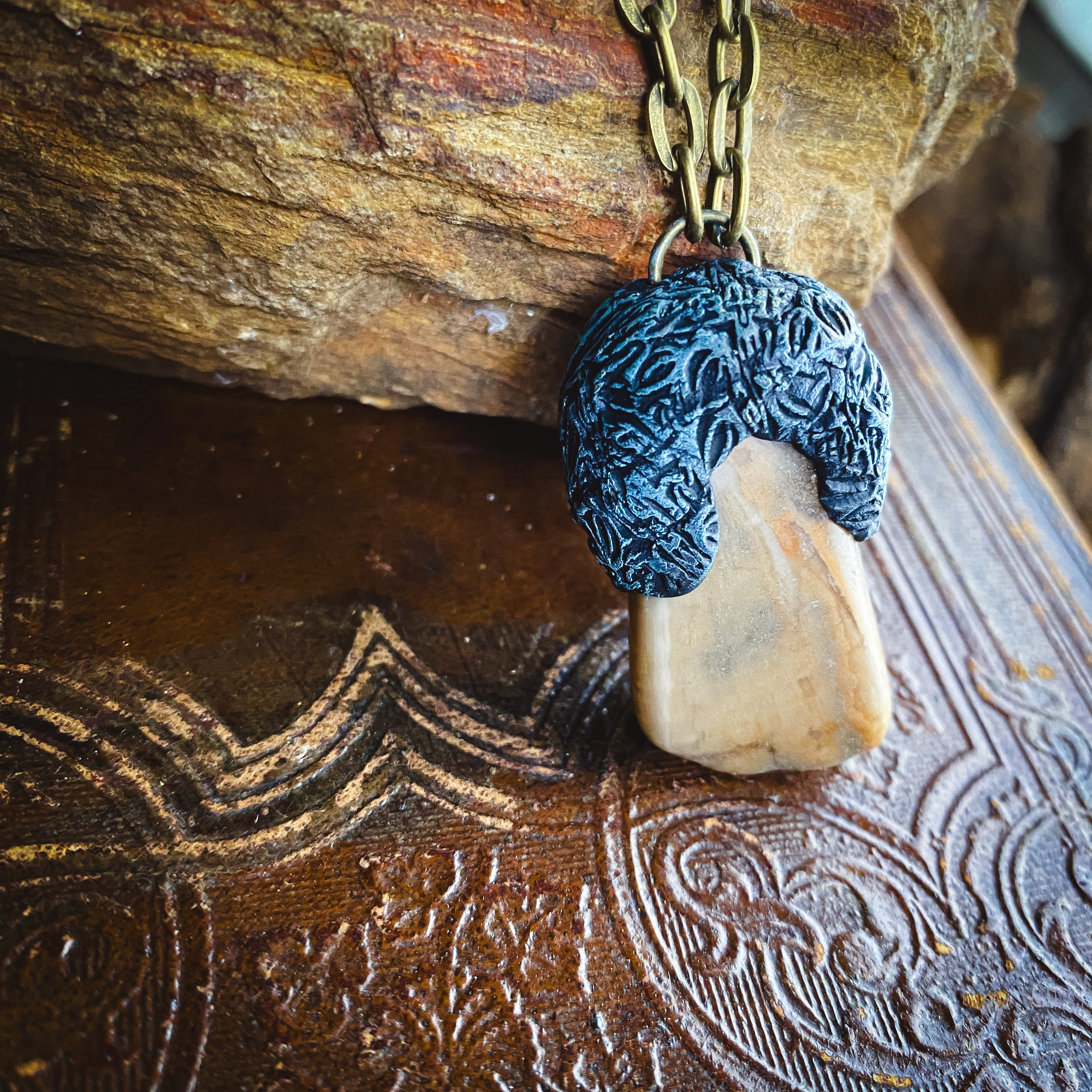 Handcrafted Clay Talisman Necklace with Petrified Wood