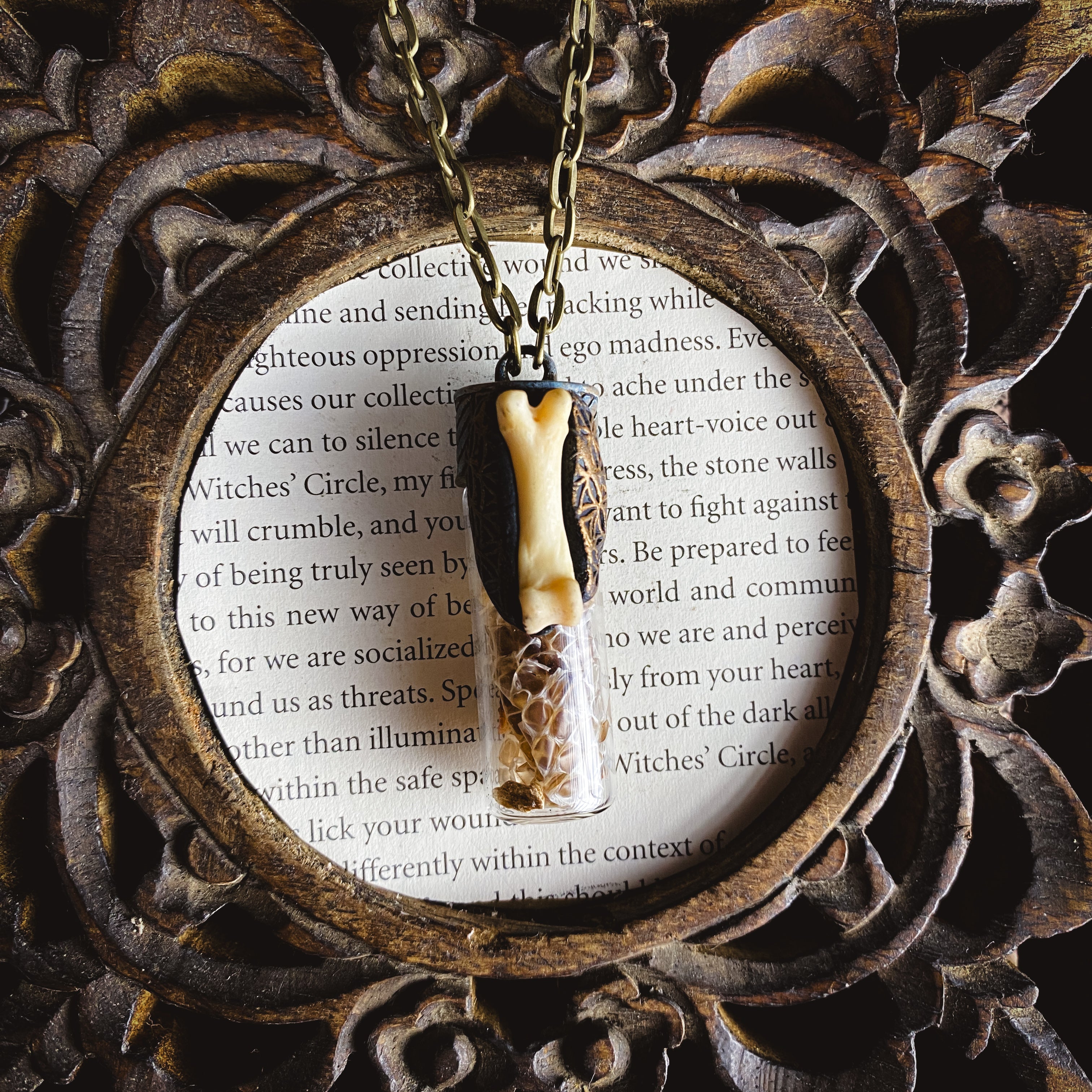Conjure Necklace with Snake Skin, Orris Root, Bone and the Flower of Life Pattern