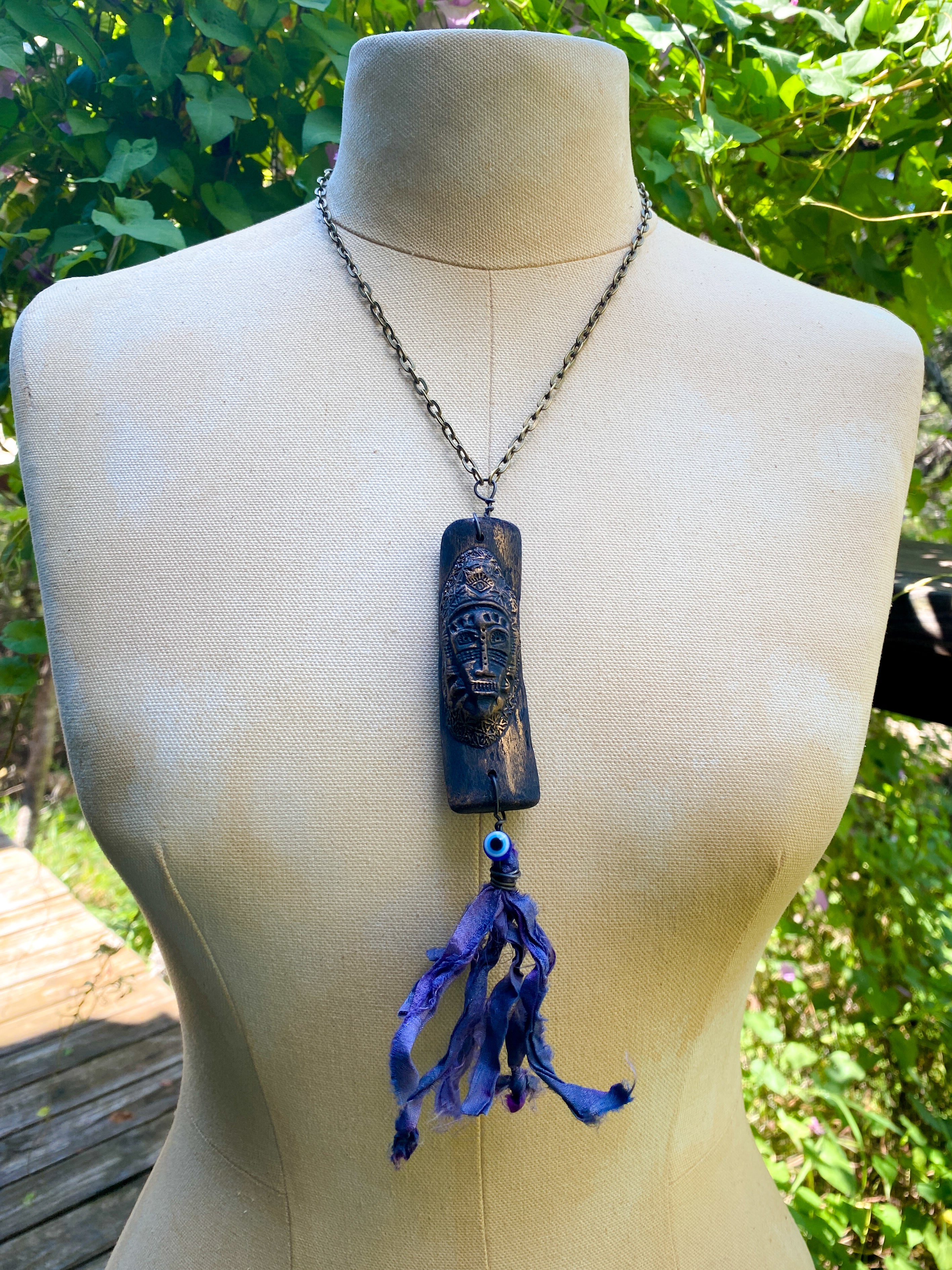 Guardian of Ancestral Shadows - Wood + Clay Talisman/Amulet Necklace