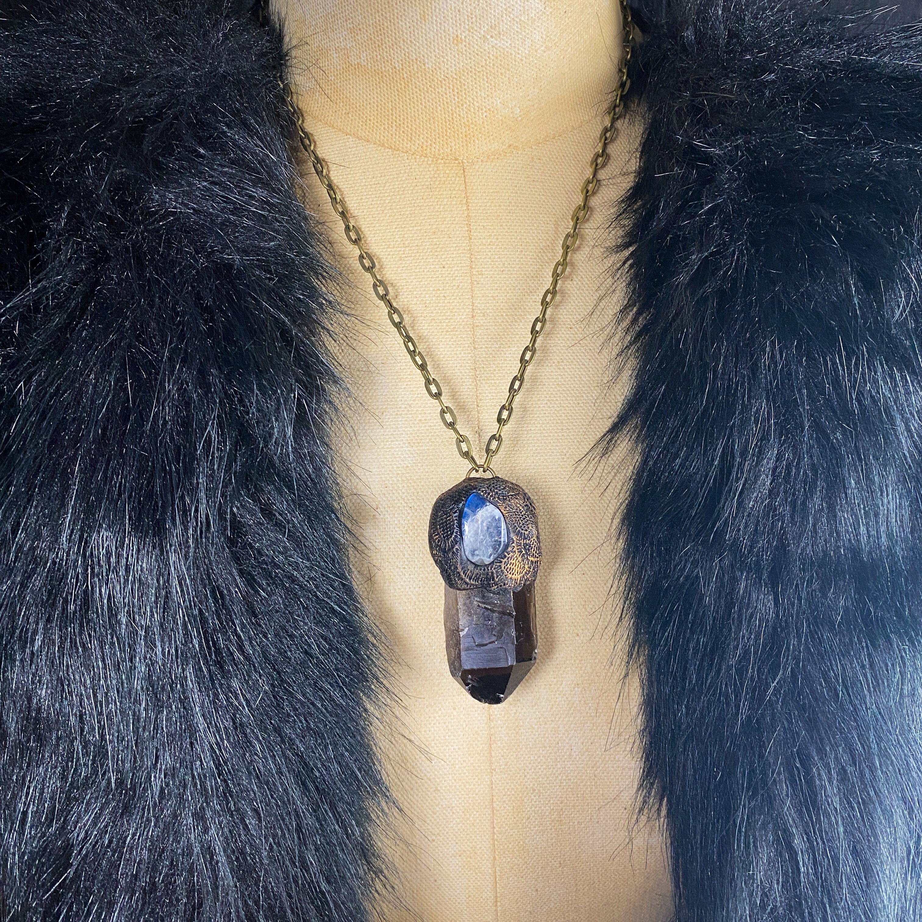 Handcrafted Clay Talisman Necklace with Smoky Quartz + Rainbow Moonstone