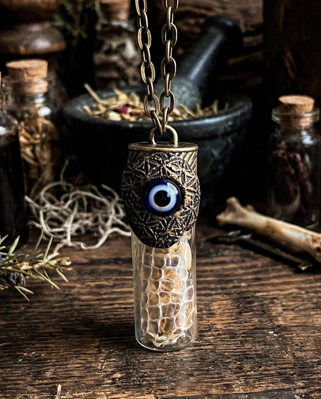 Evil Eye + Flower of Life Necklace for Protection + Spiritual Transformation -With Jasmine Flowers + Snake Skin