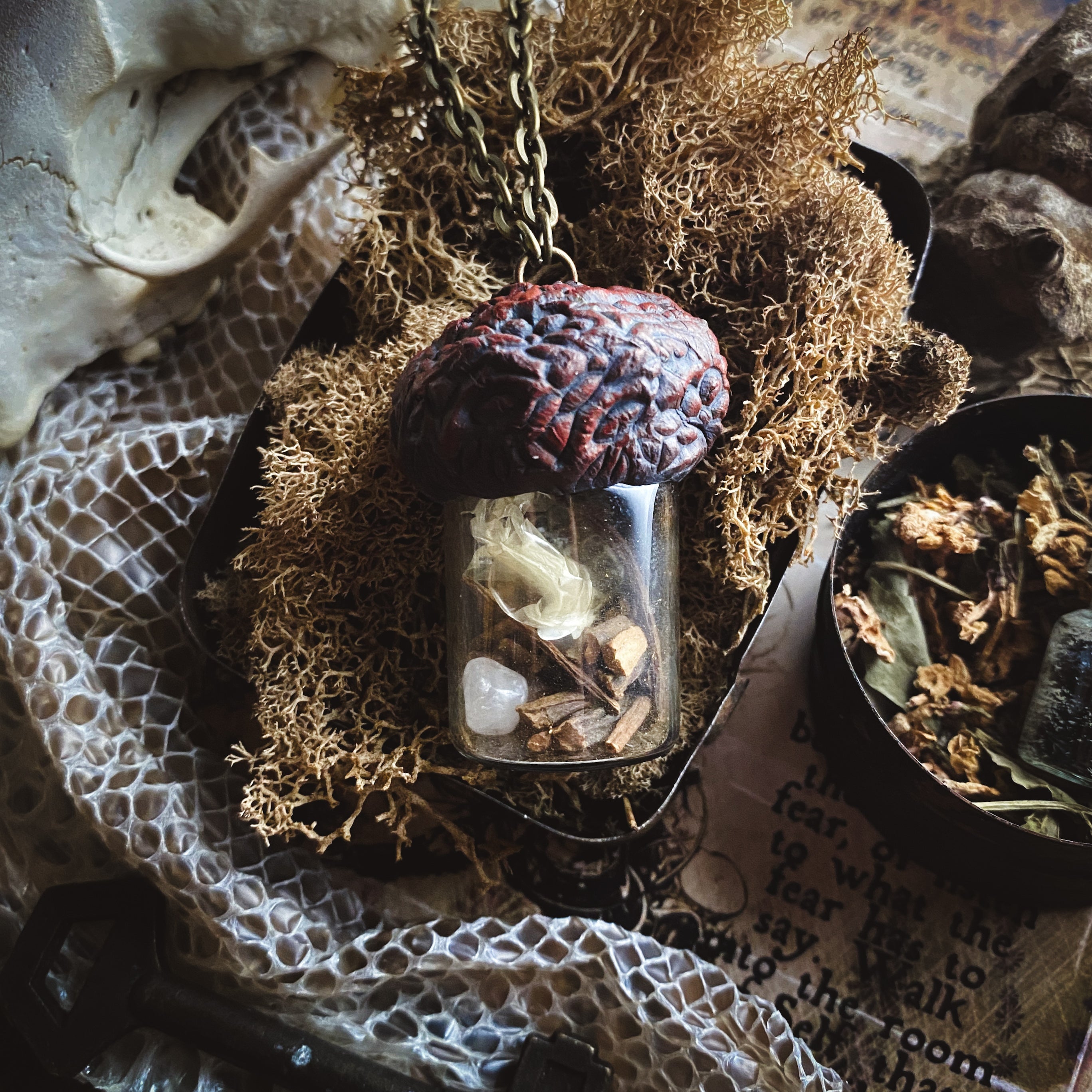 Conjure Necklace with Mandrake Root, Rose Quartz and Snake Skin for Love, Protection + Spiritual Connection