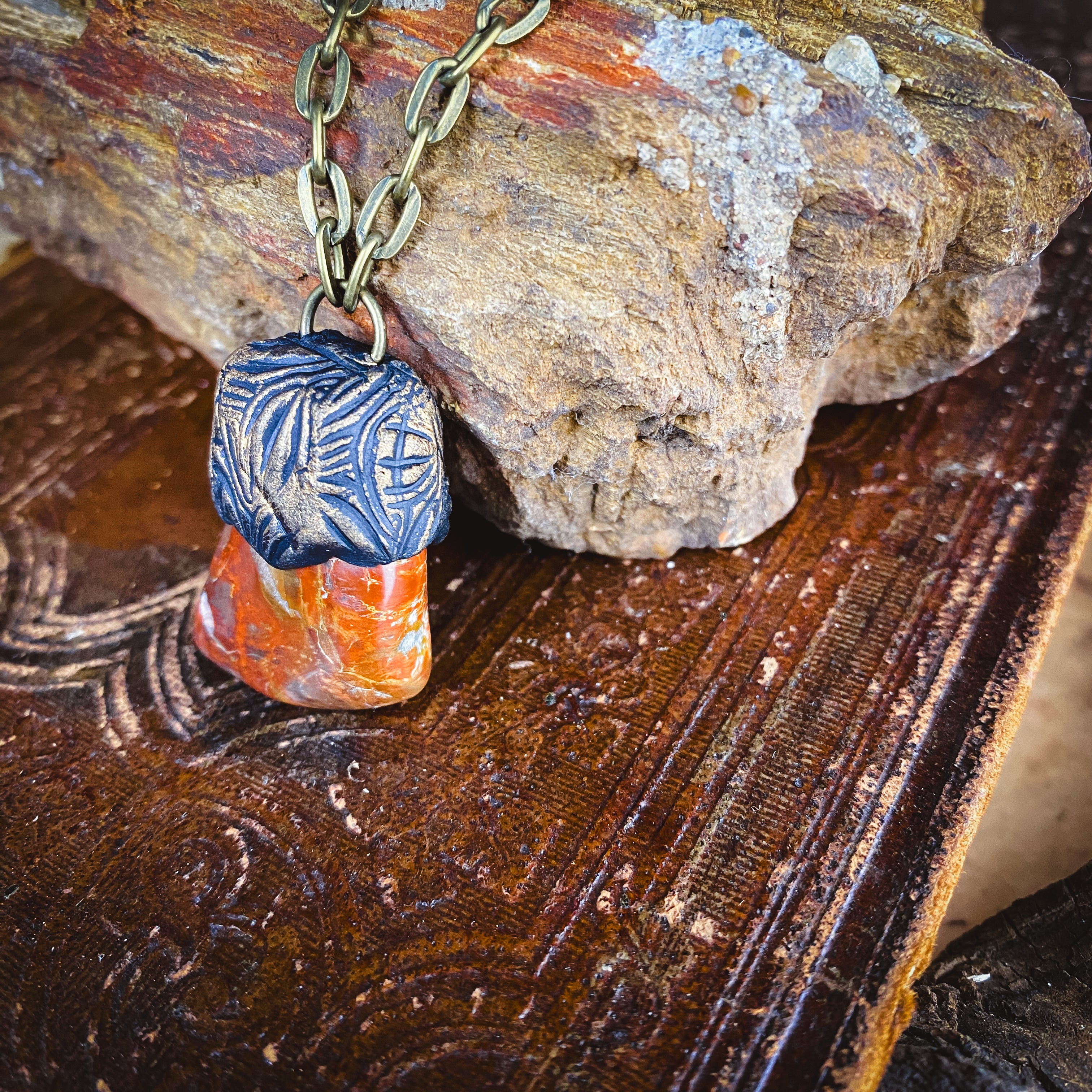 Handcrafted Clay Talisman Necklace with Petrified Wood