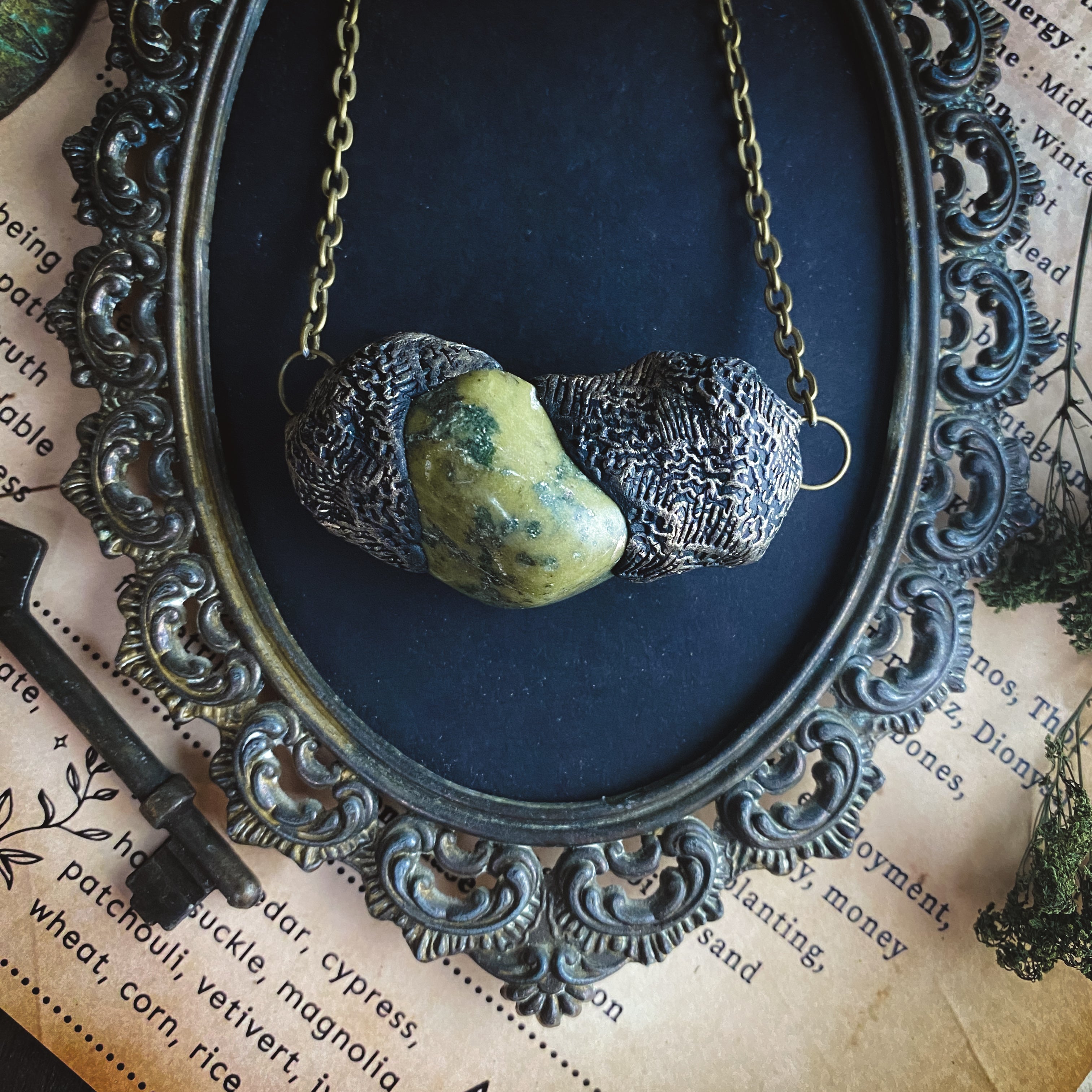 Serpentine + Clay Talisman Necklace with an Organic Pattern