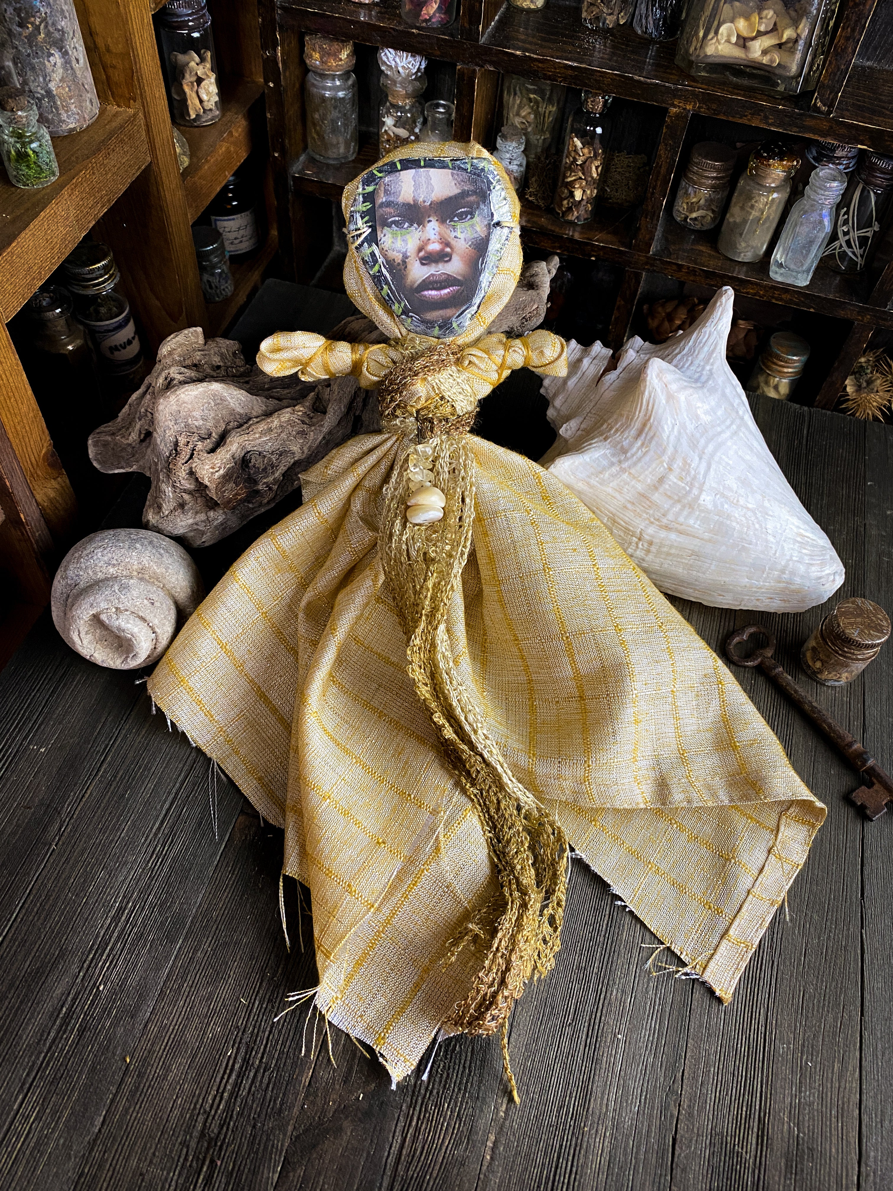 RESERVED- Oshun Intention Doll Containing Herbs, Roots, Stones, Snake Skin, Shells - Poppet, Conjure Doll, Medicine Doll, Spirit Doll