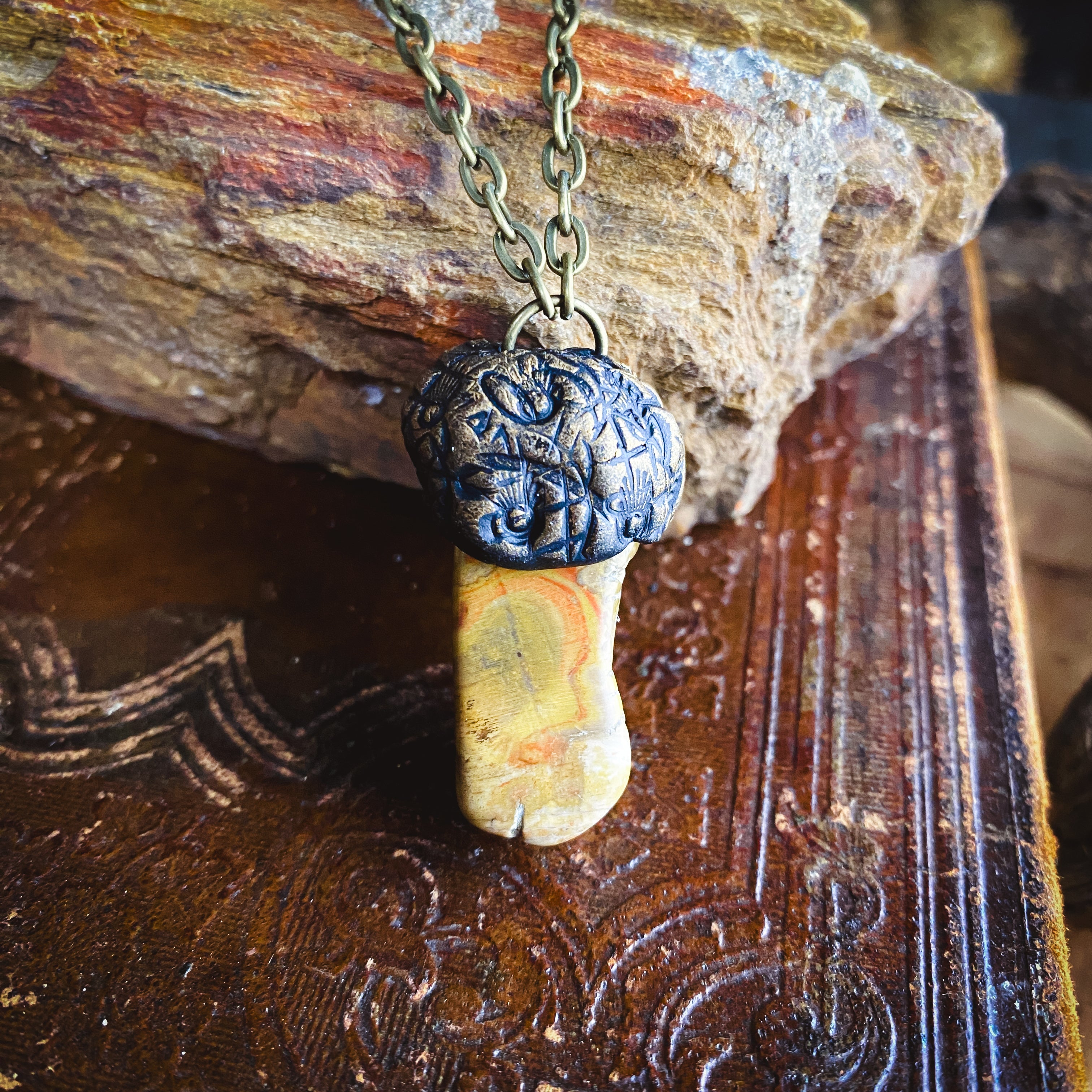 Handcrafted Clay Talisman Necklace with Petrified Wood