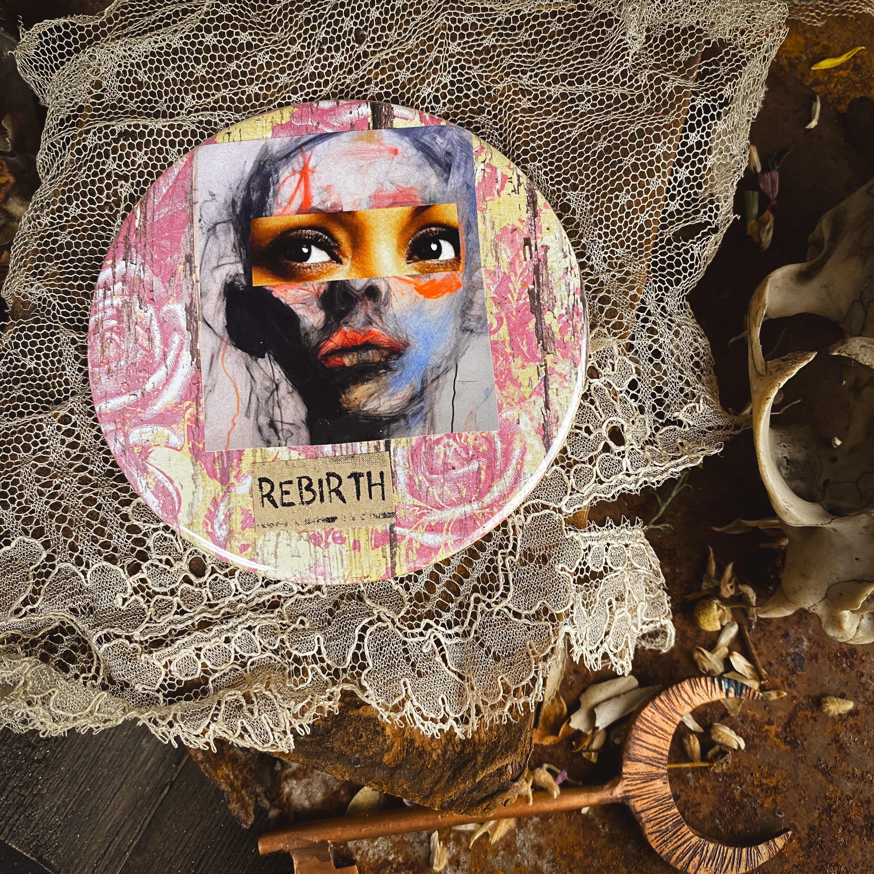 REBIRTH - Hand Pressed Pocket Mirror with Original Collage Art