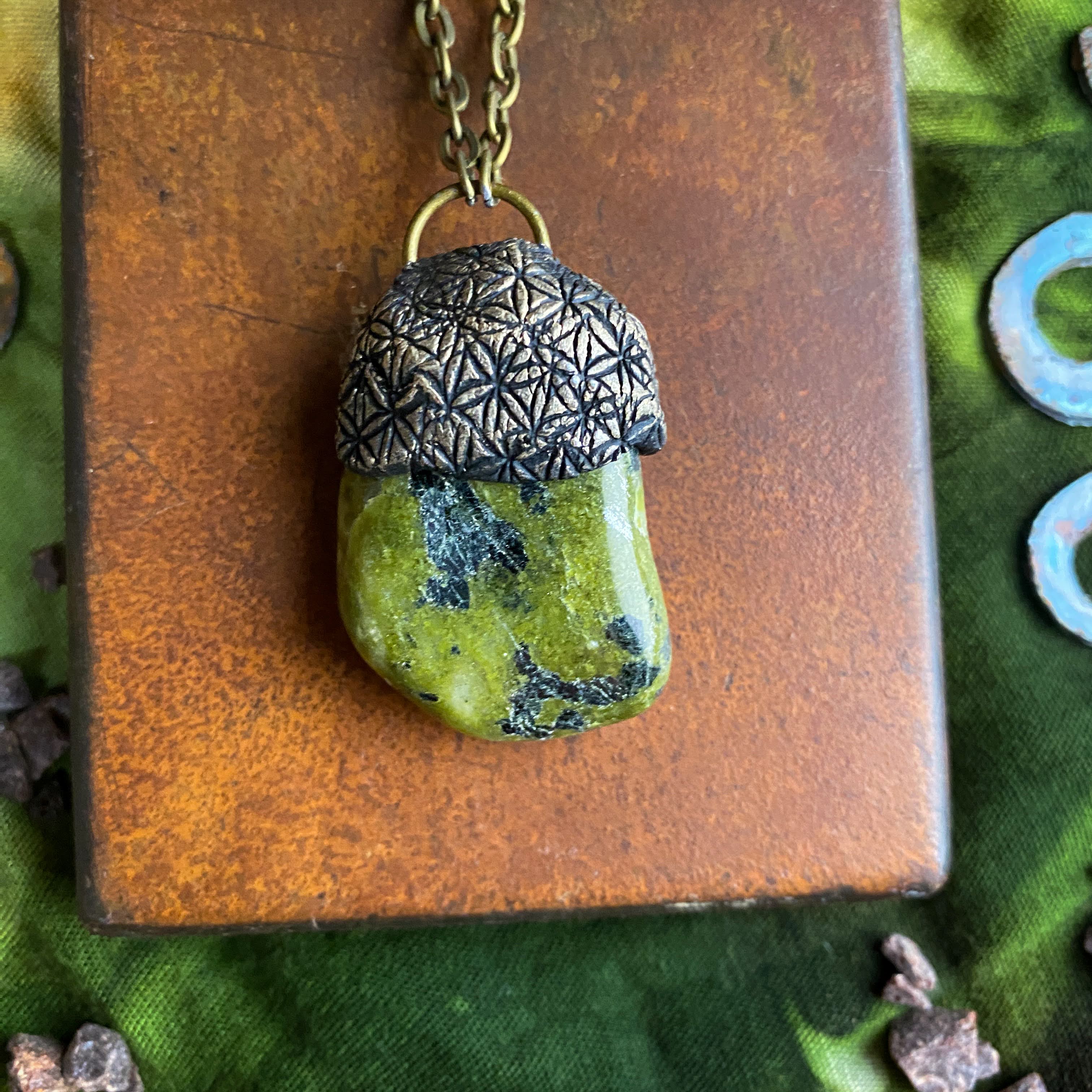 Serpentine Talisman Necklace with a Flower of Life Clay Pattern