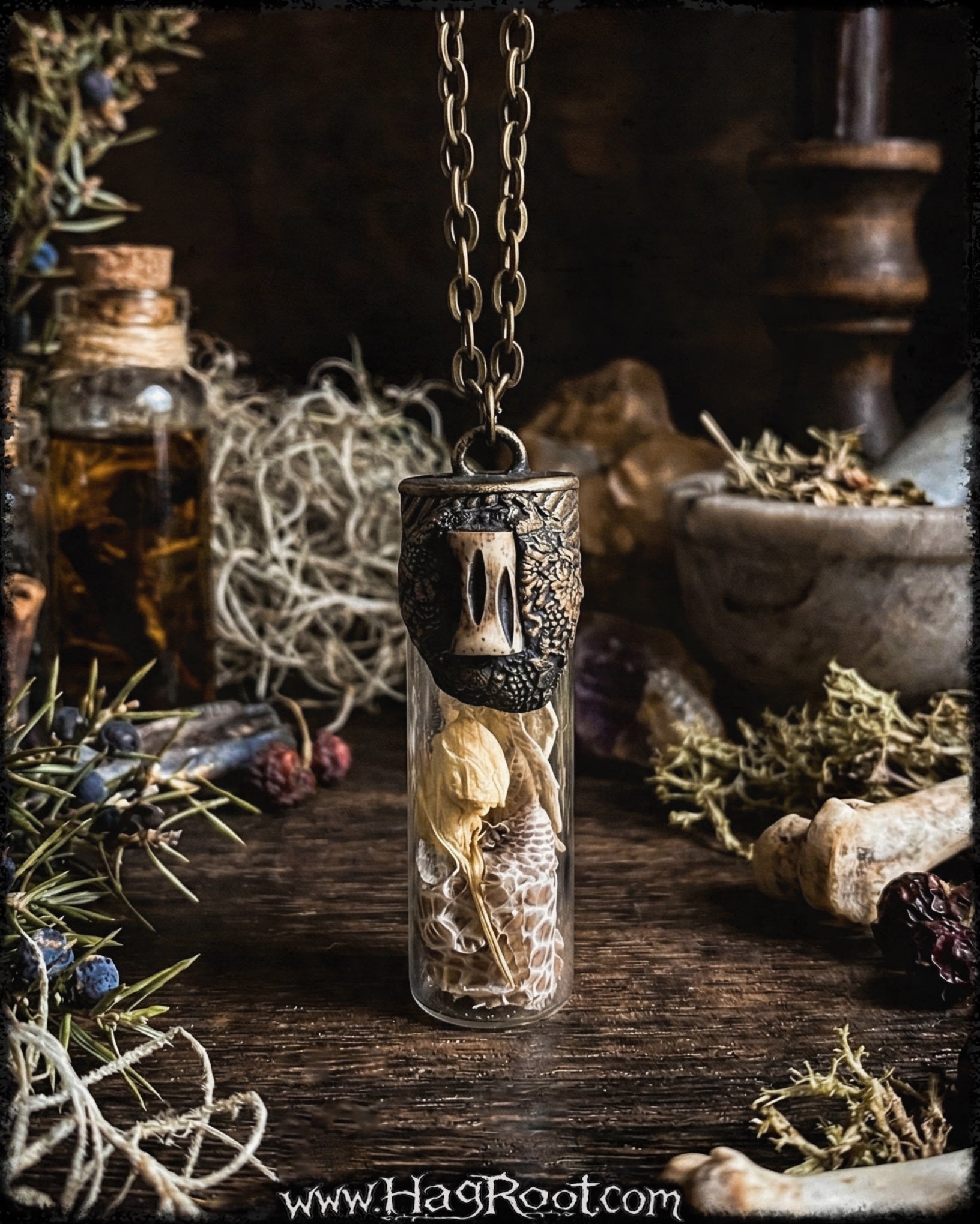 Carved Bone Necklace for Primal Energy + Strength -With Jasmine Flowers + Snake Skin