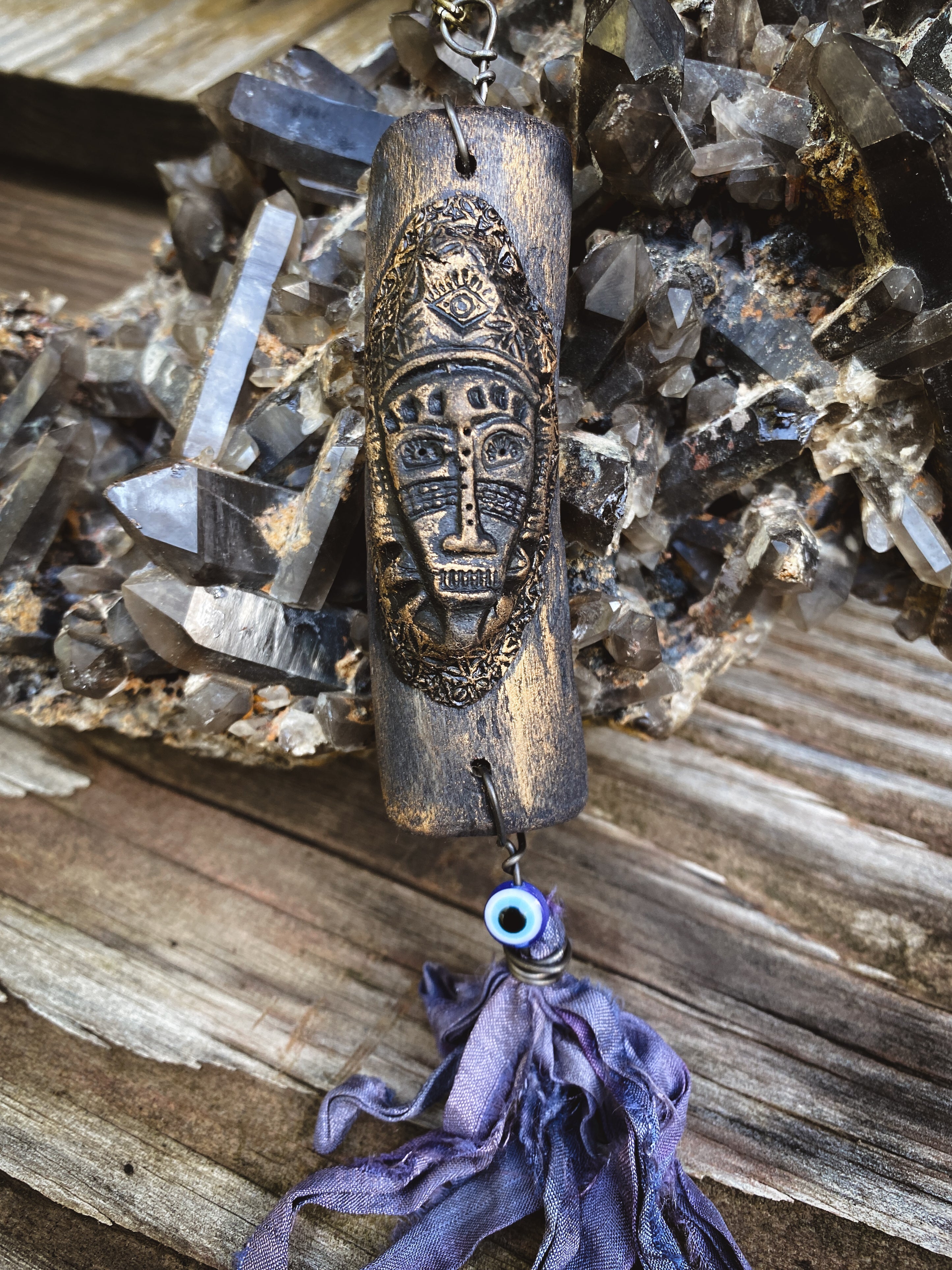 Guardian of Ancestral Shadows - Wood + Clay Talisman/Amulet Necklace