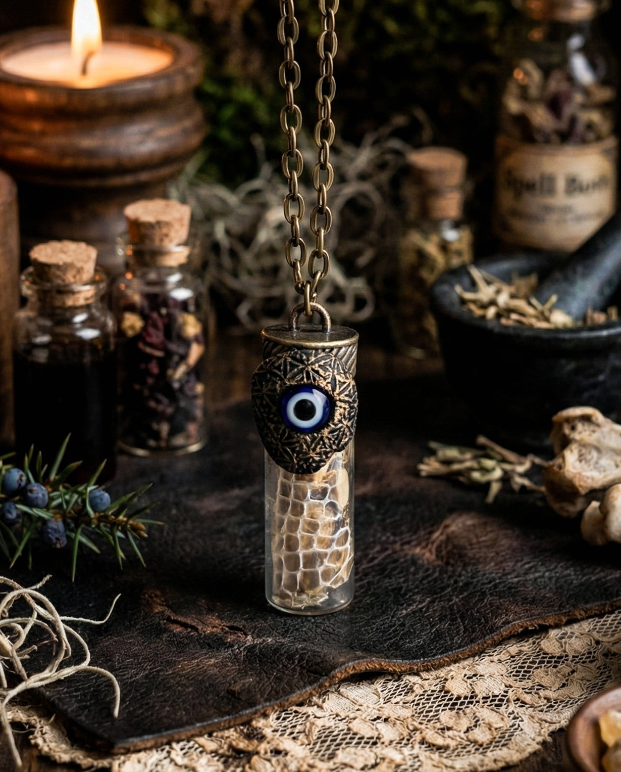 Evil Eye + Flower of Life Necklace for Protection + Spiritual Transformation -With Jasmine Flowers + Snake Skin