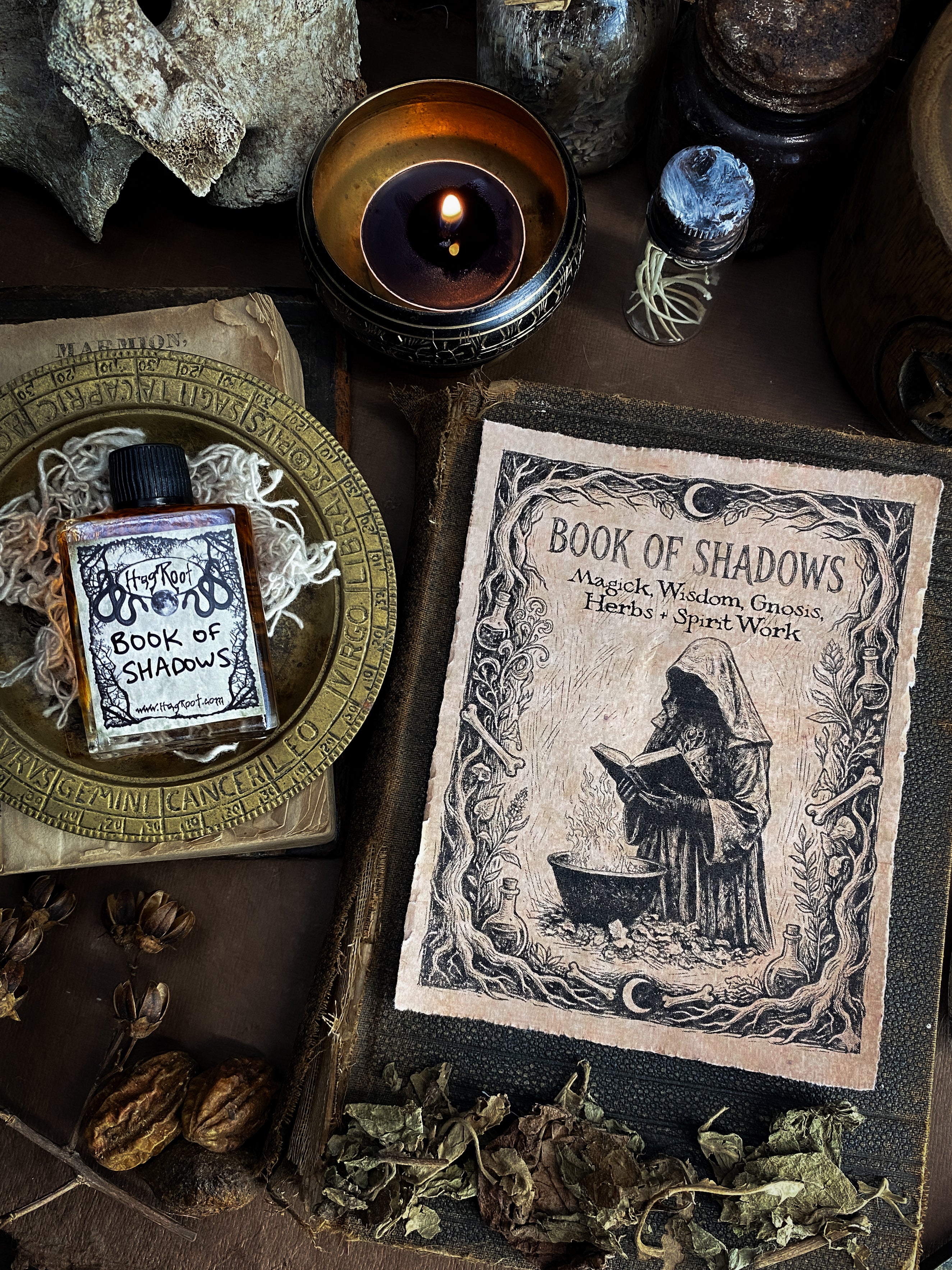 BOOK OF SHADOWS-(Aged Leather, Old Book Pages, Incense, Sweet Offerings)- Perfume, Cologne, Anointing, Ritual Oil
