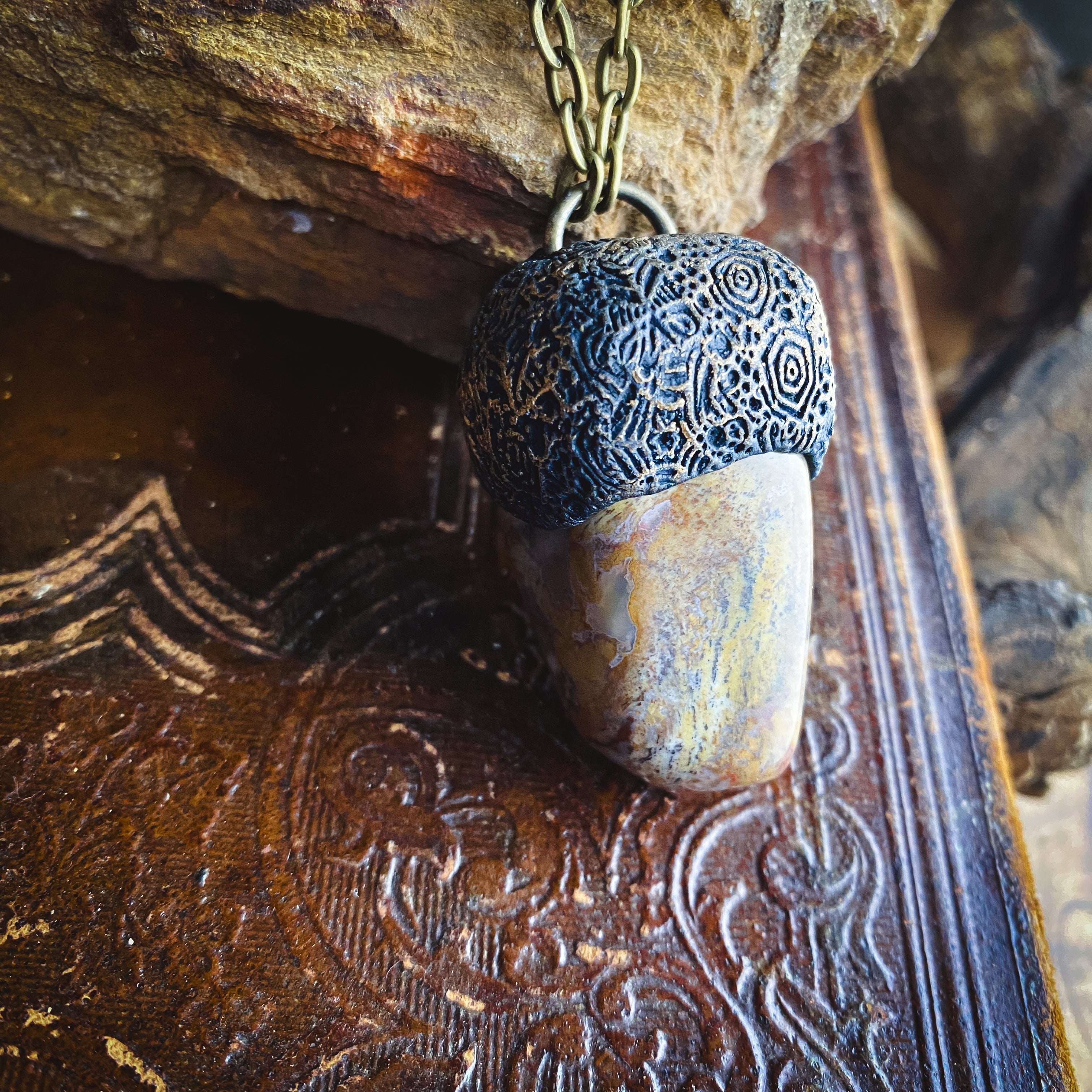 Handcrafted Clay Talisman Necklace with Petrified Wood