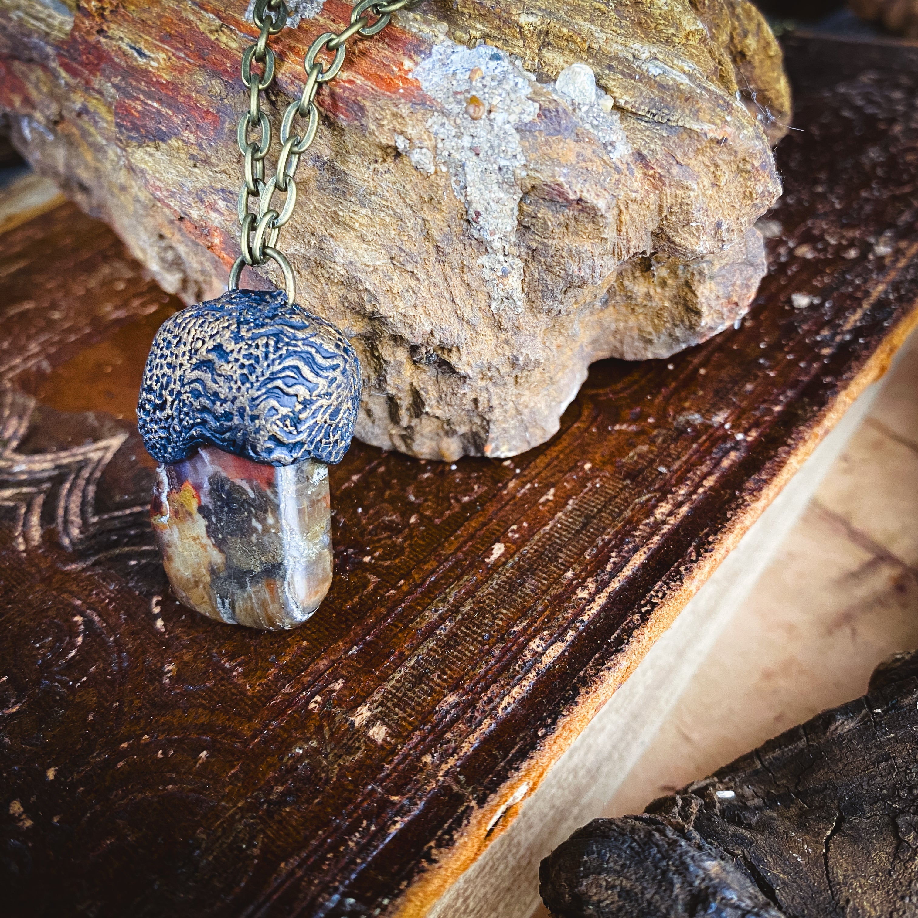 Handcrafted Clay Talisman Necklace with Petrified Wood