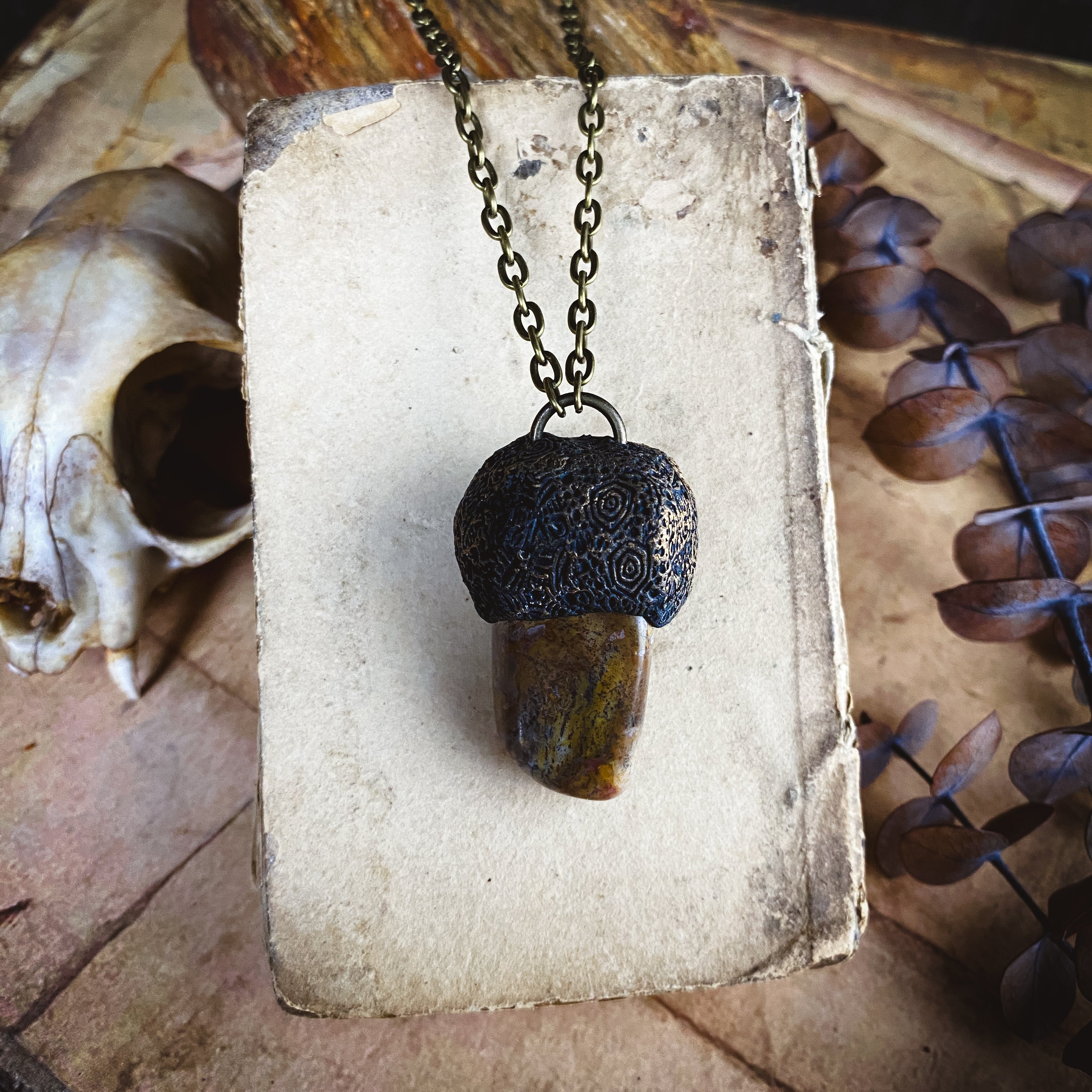 Handcrafted Clay Talisman Necklace with Petrified Wood