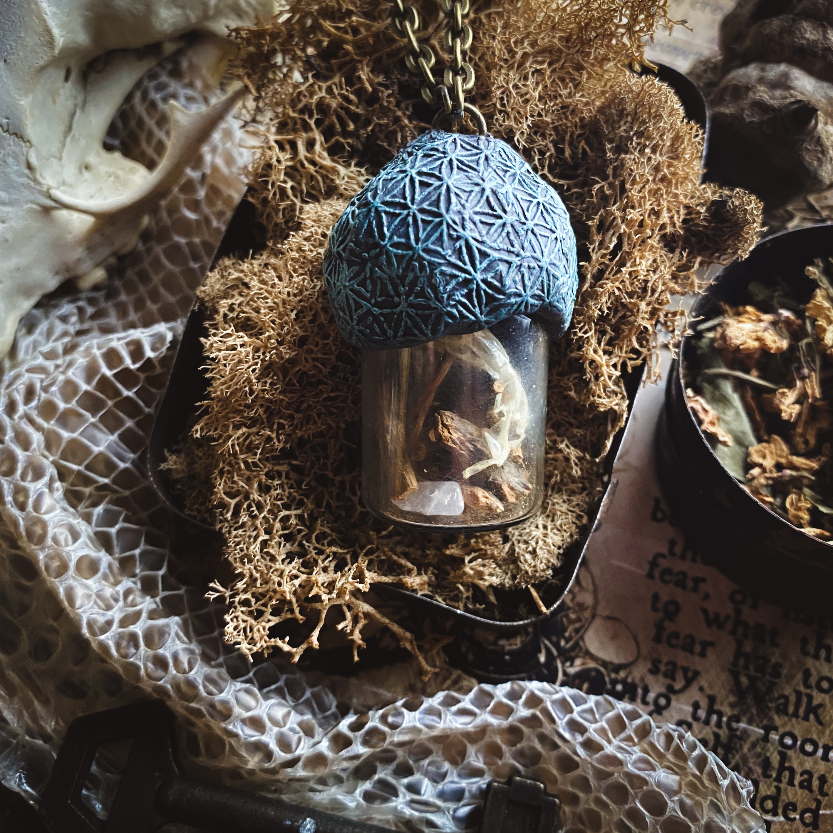 Conjure Necklace with Mandrake Root, Rose Quartz and Snake Skin for Love, Protection + Spiritual Connection with a Flower of Life Clay Pattern