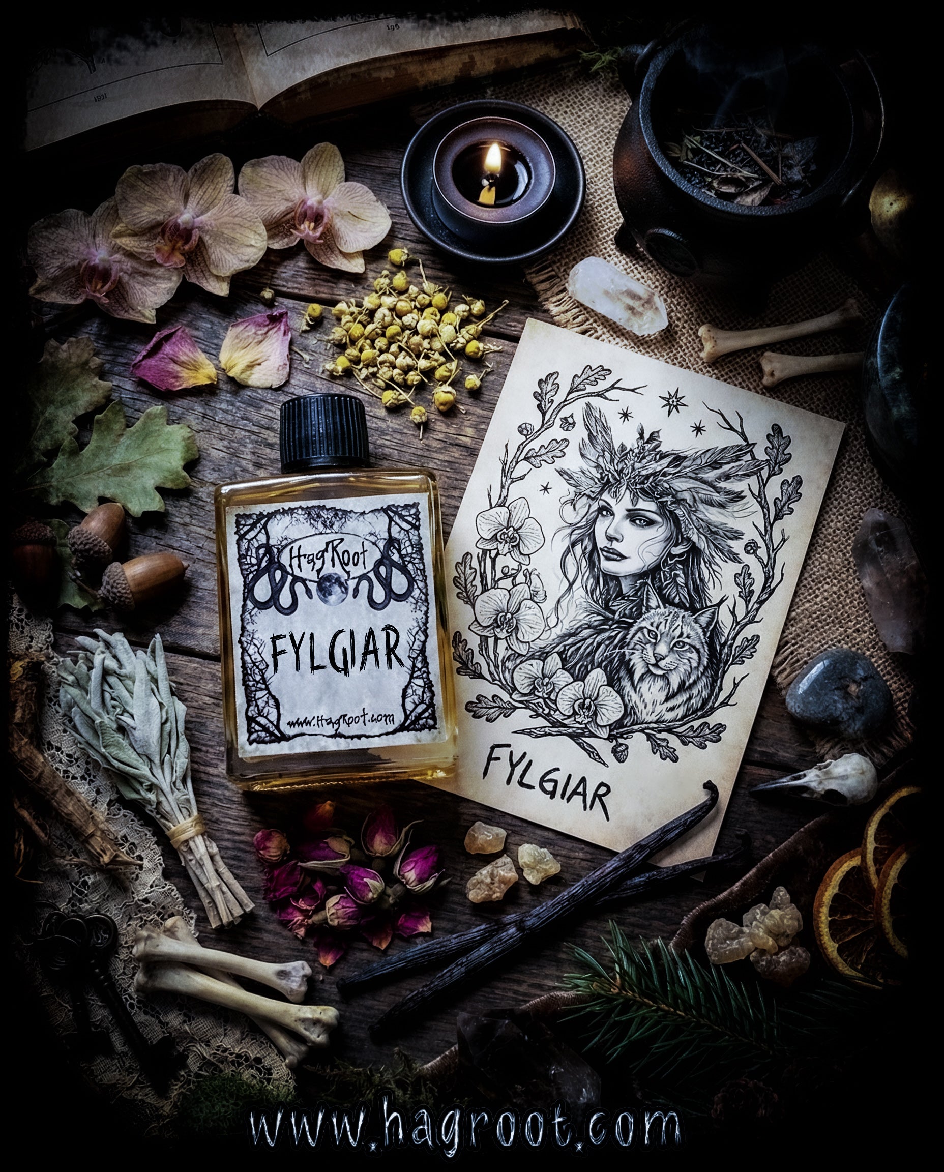 FYLGIAR- (Orchid, Chamomile, Oak, Sage, Patchouli, Rose, Pine, Vanilla, Elemi, Orange)-Perfume, Cologne, Anointing, Ritual Oil