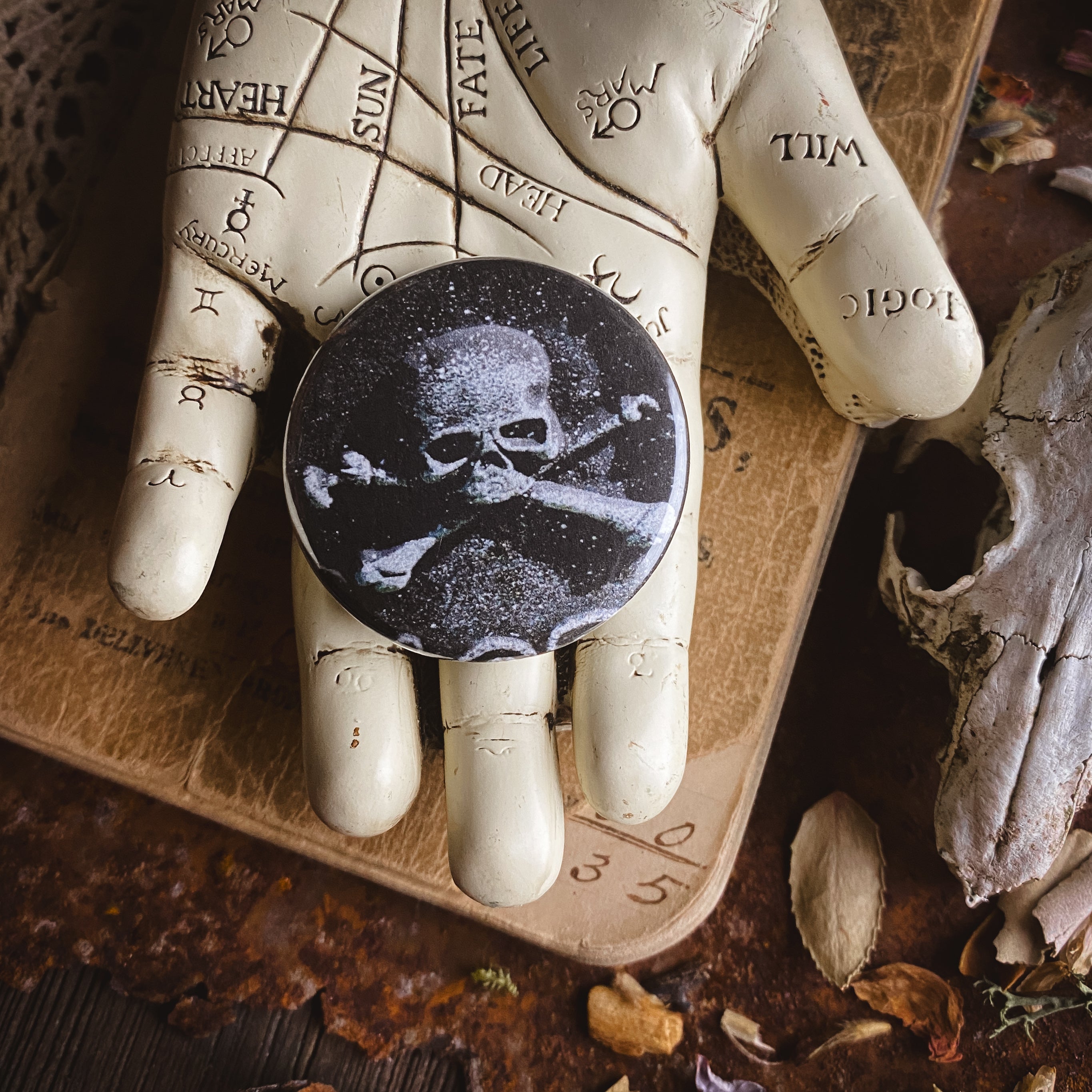 Skull + Crossbones - Hand Pressed Button/Pin - 1.5"