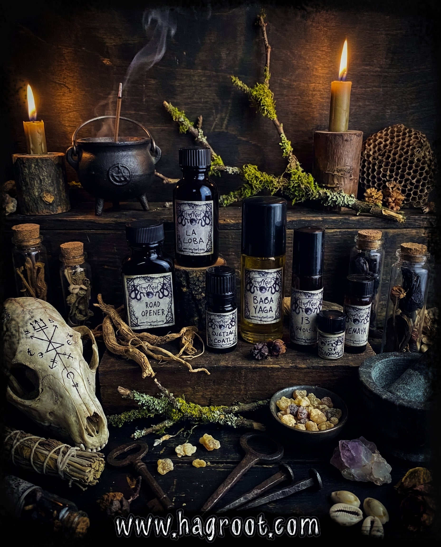 Witchcraft supplies including bottles, a skull, and candles on a dark background with 'www.hagroot.com' displayed.