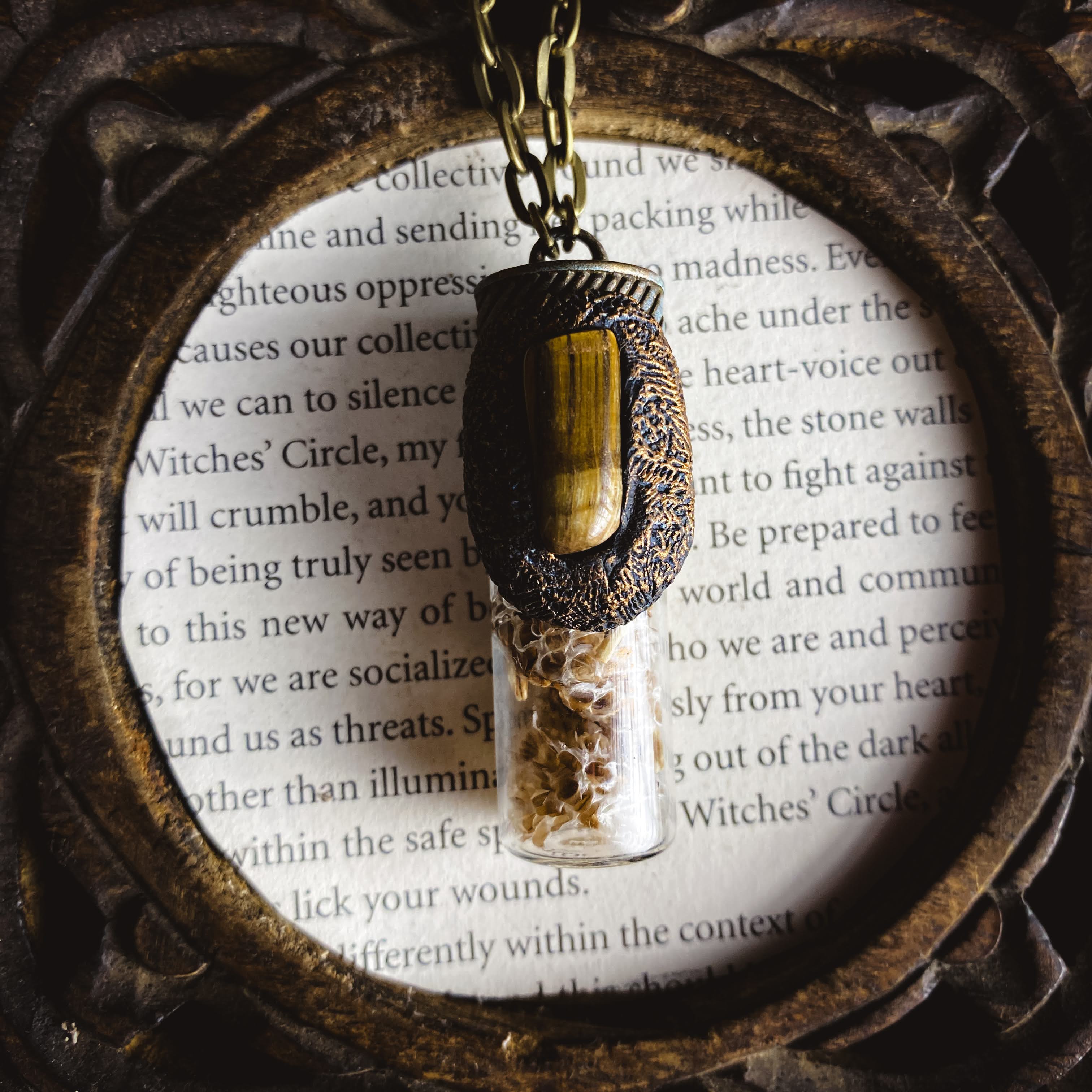 Conjure Necklace with Snake Skin, Butcher's Broom, Tiger's Eye and an Organic Clay Pattern