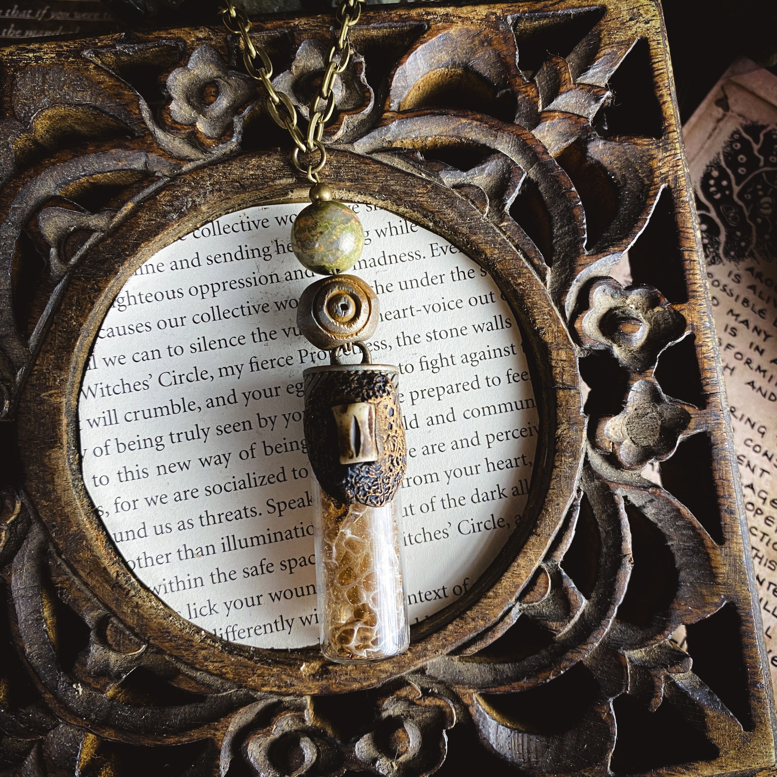 Conjure Necklace with Snake Skin, Angelica Root, Wood, Bone and Unkakite