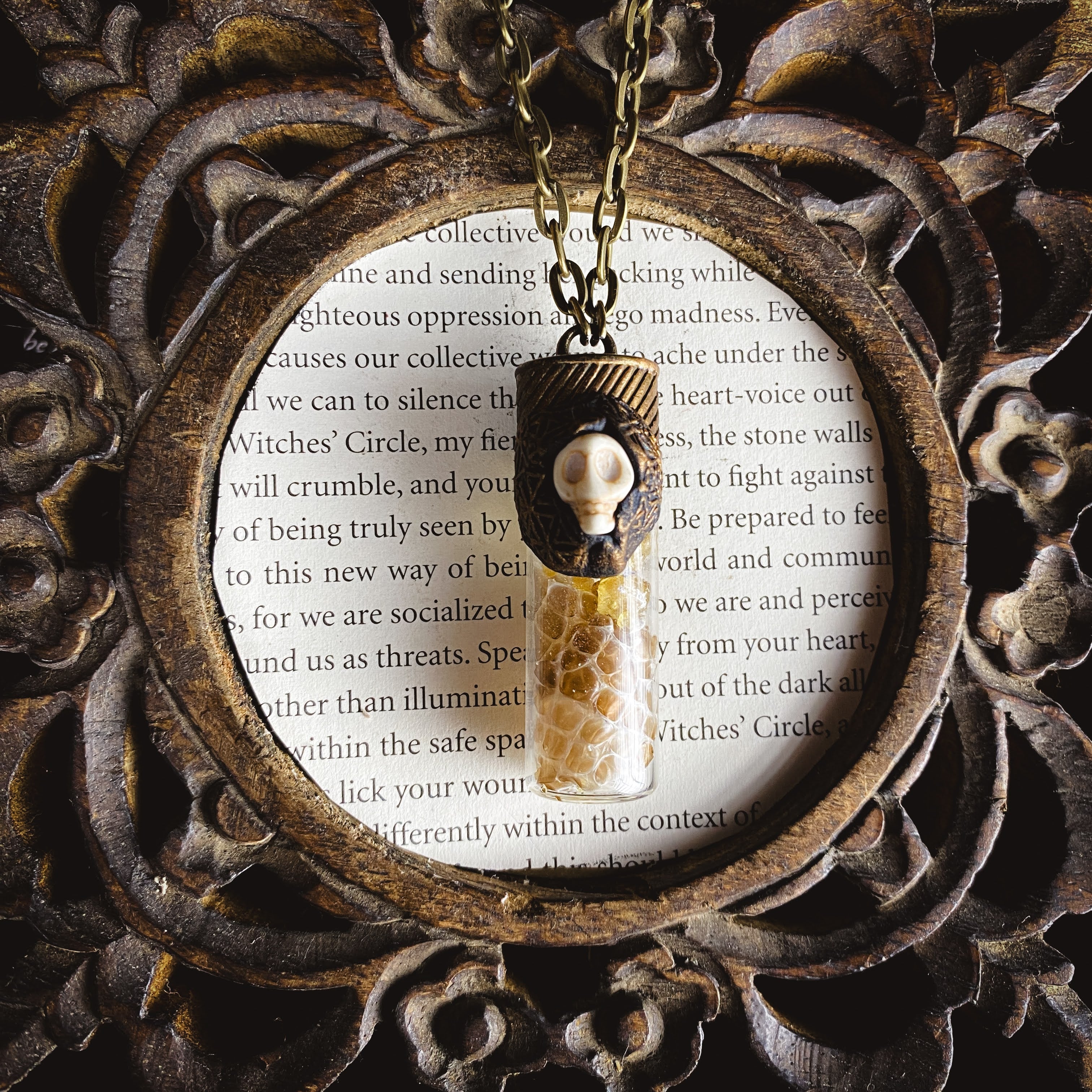 Conjure Necklace with Snake Skin, a Howlite Skull, Copal and the Flower of Life Pattern