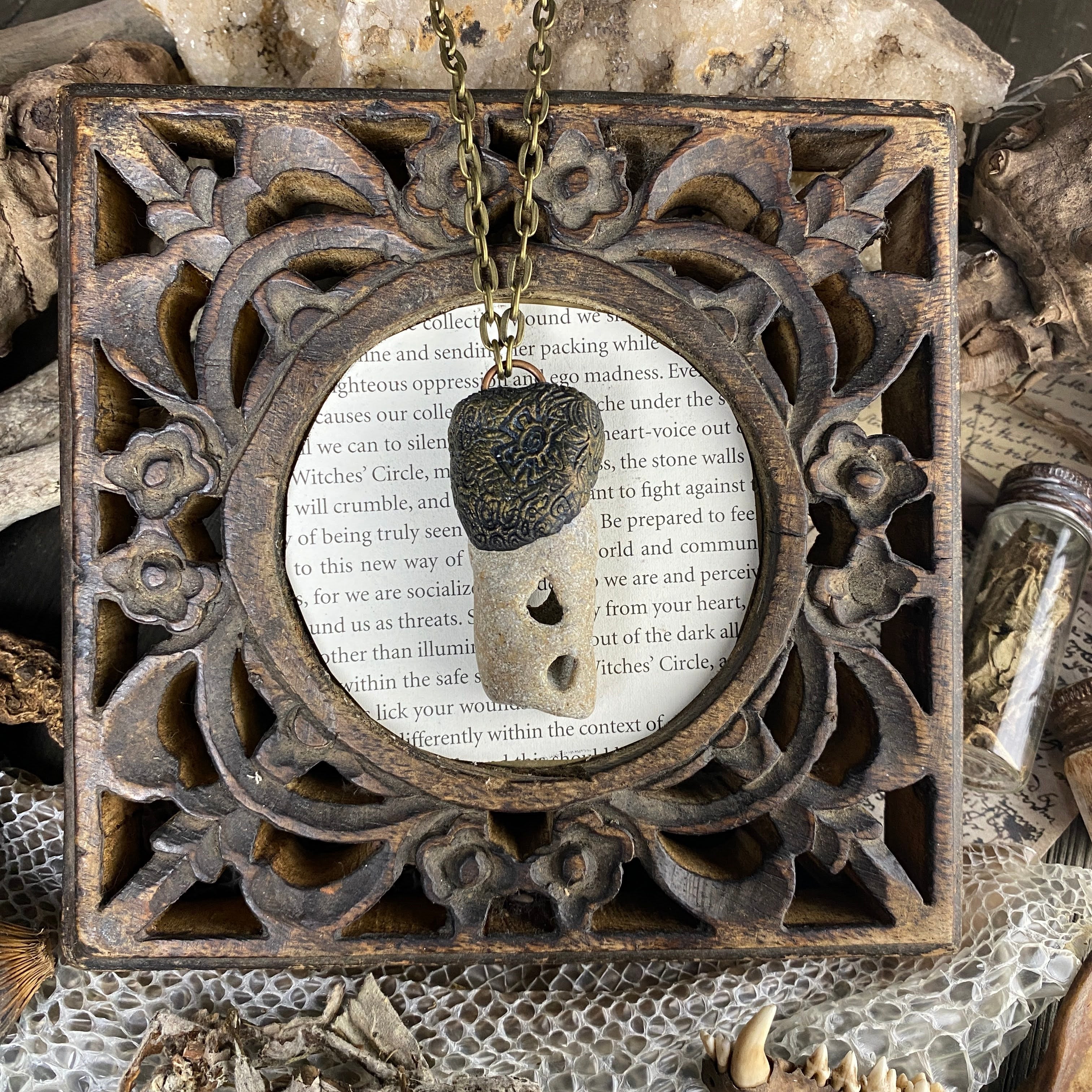 Hag Stone Talisman Necklace with a Tribal/Nature Inspired Clay Pattern