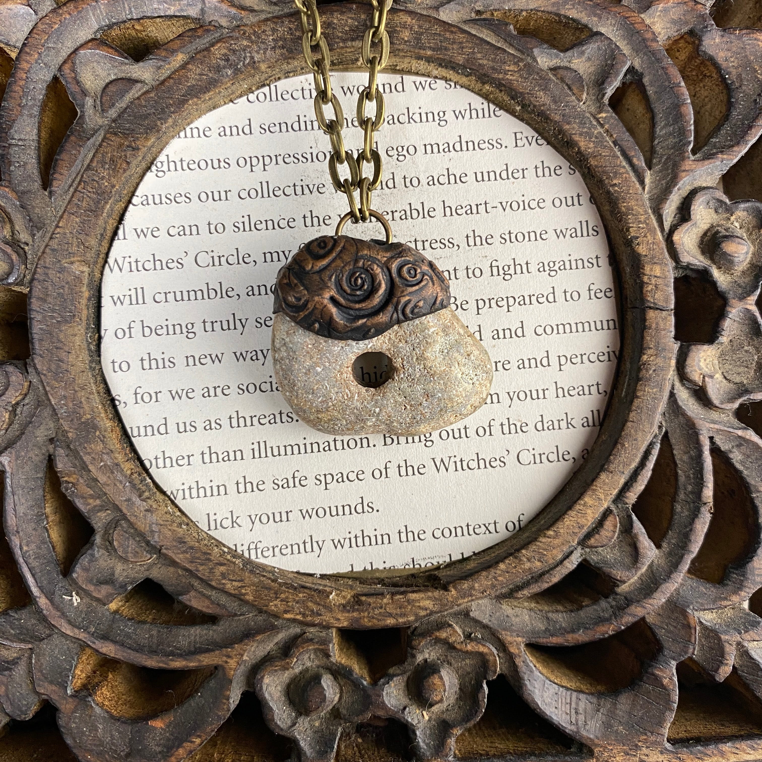 Hag Stone Talisman Necklace with a Spiral Pattern