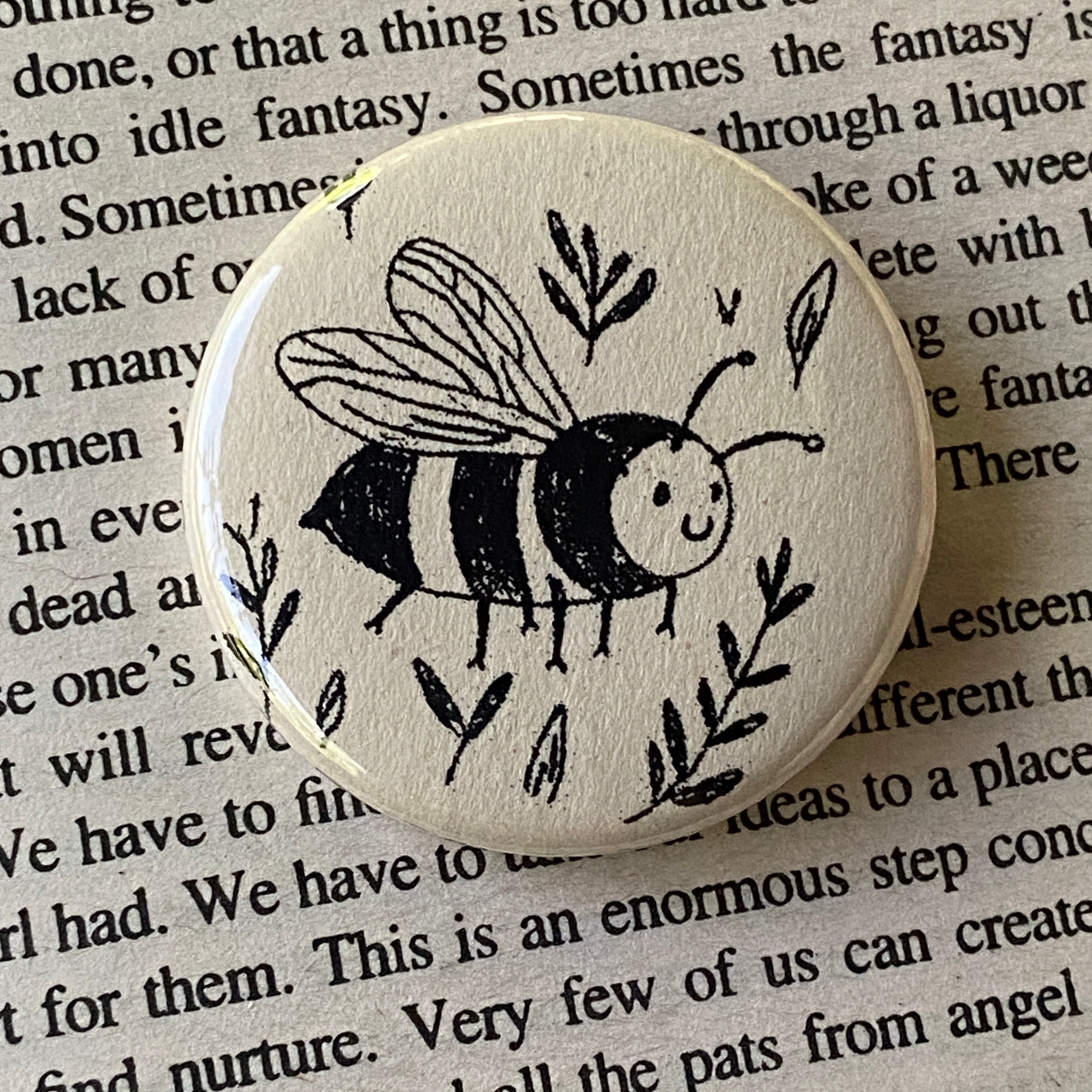 Happy Bee - Hand Pressed Button/Pin - 1.5"
