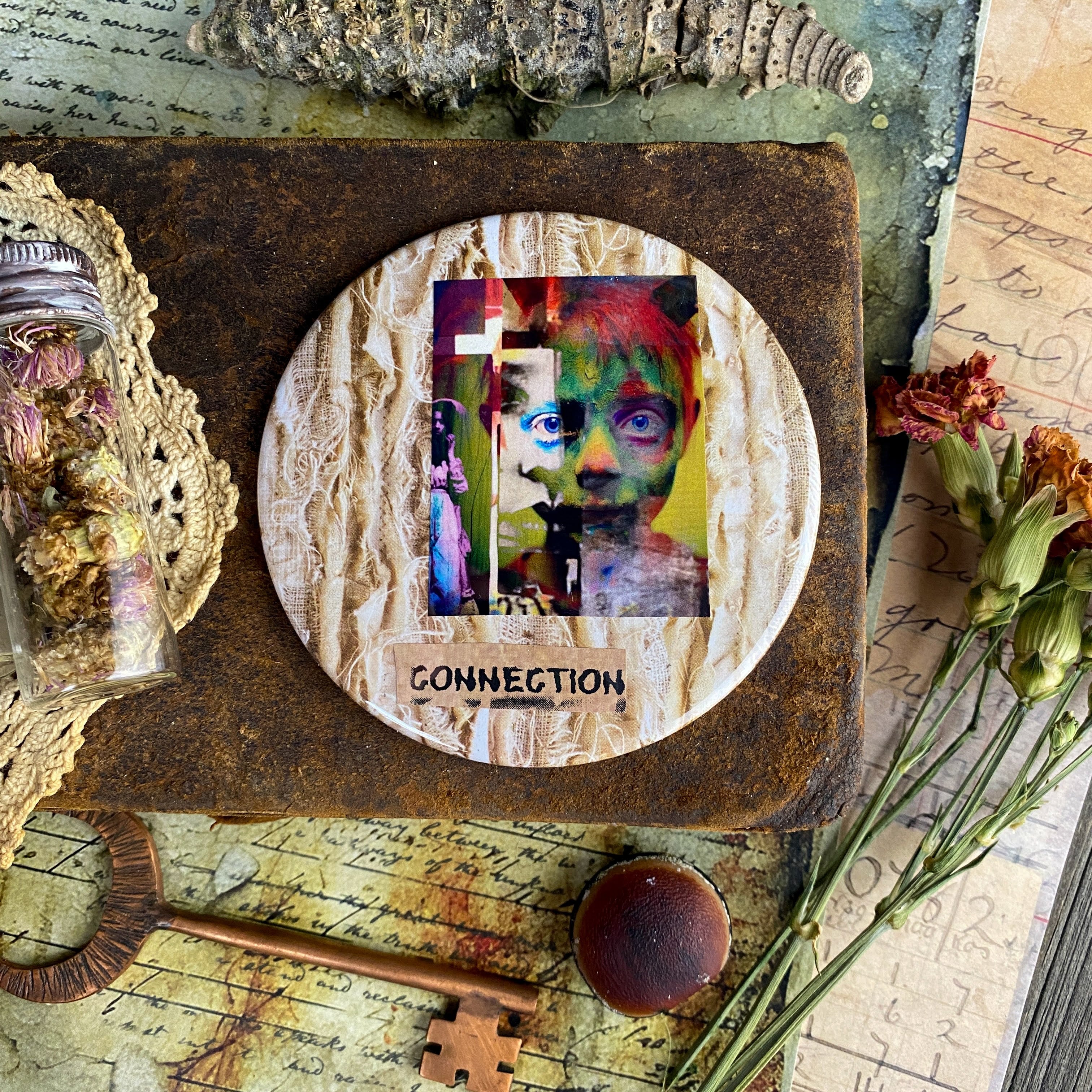 CONNECTION - Hand Pressed Pocket Mirror with Original Collage Art
