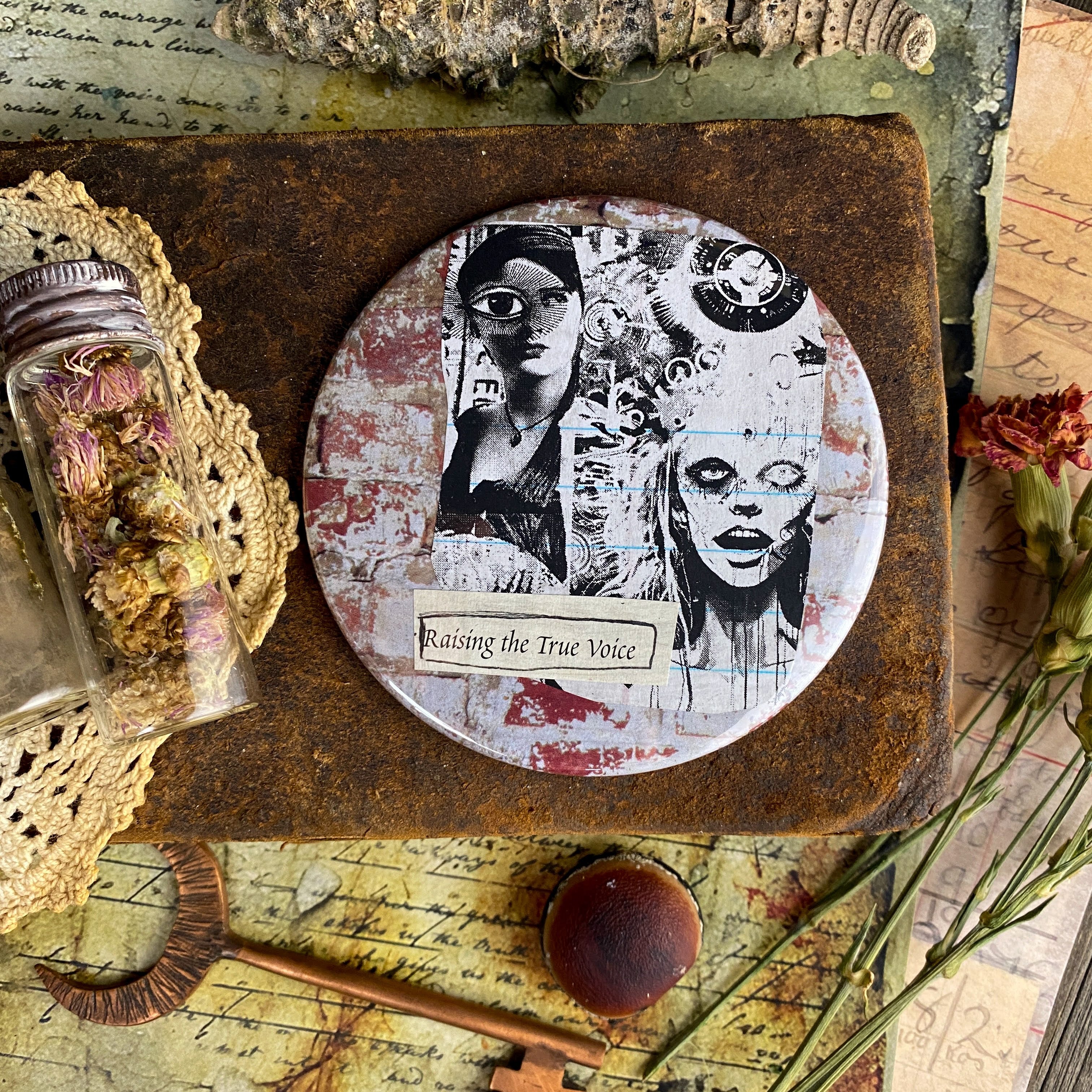 RAISING THE TRUE VOICE - Hand Pressed Pocket Mirror with Original Collage Art