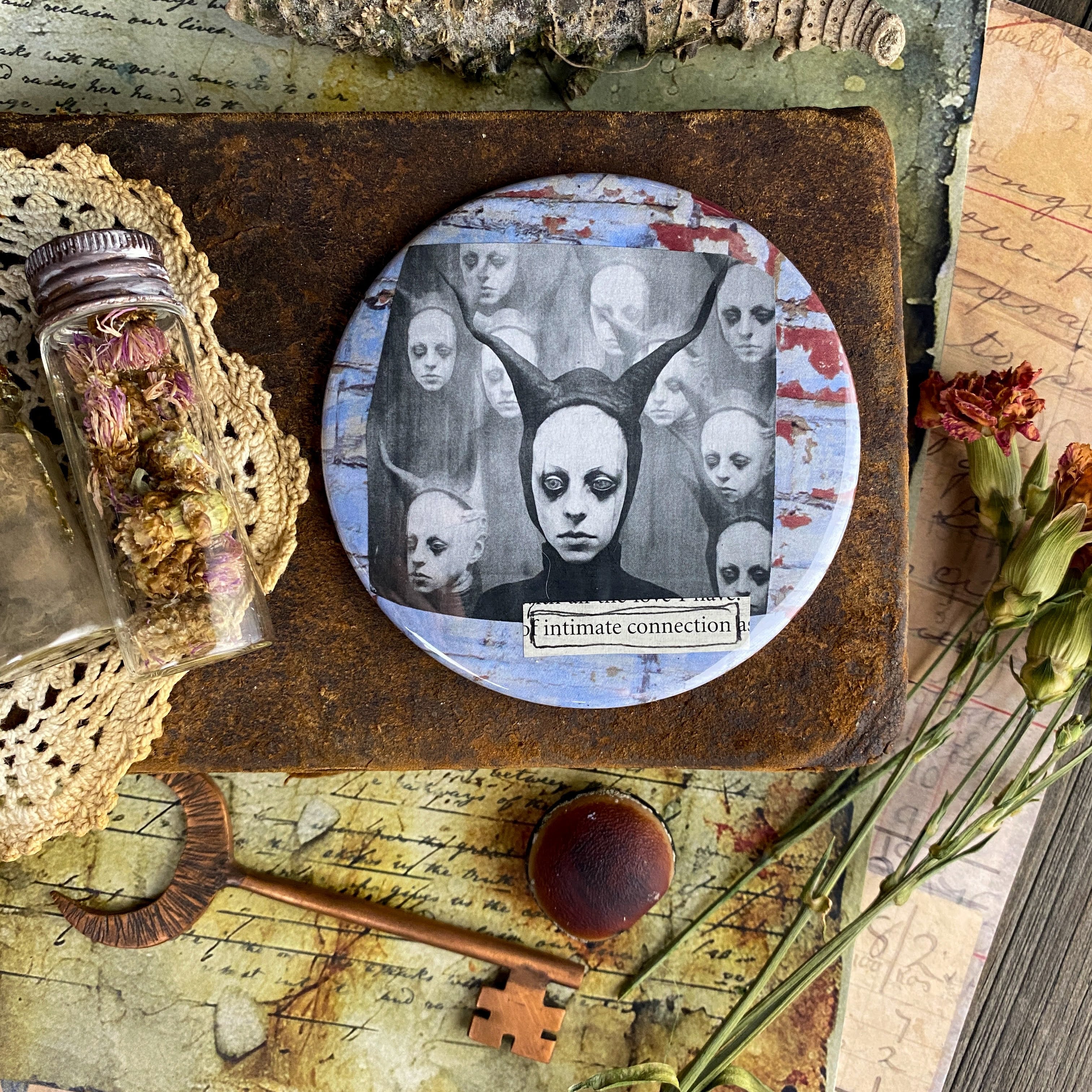 INTIMATE CONNECTION - Hand Pressed Pocket Mirror with Original Collage Art