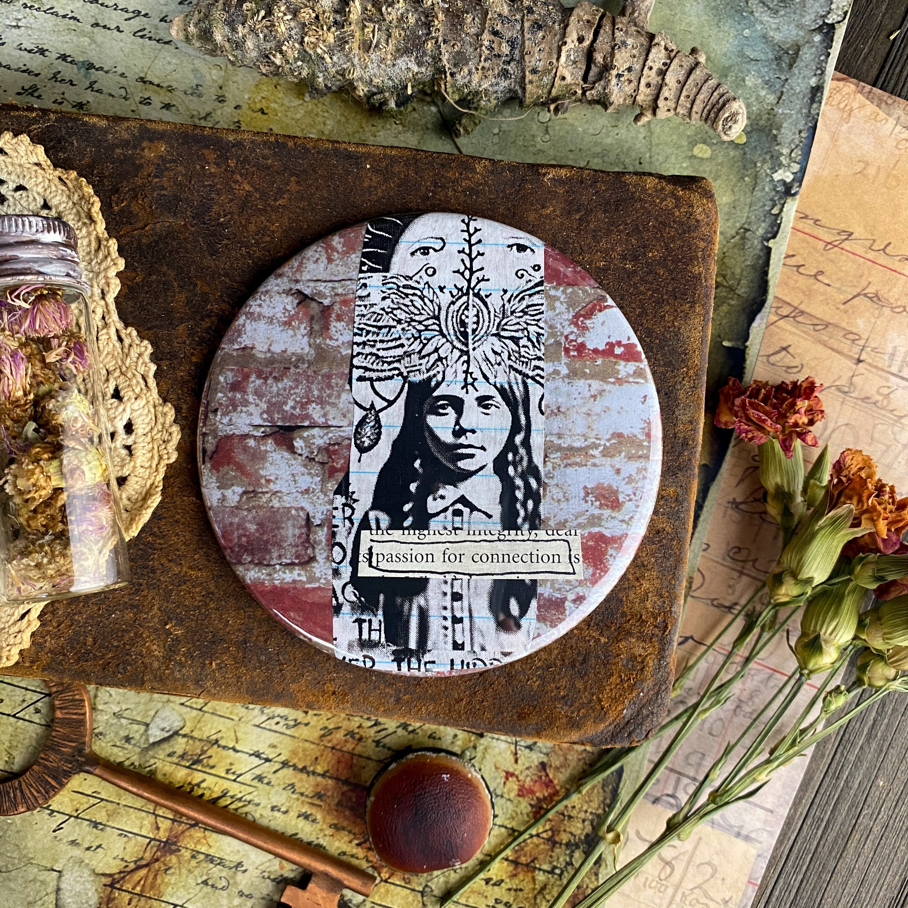 PASSION FOR CONNECTION - Hand Pressed Pocket Mirror with Original Collage Art