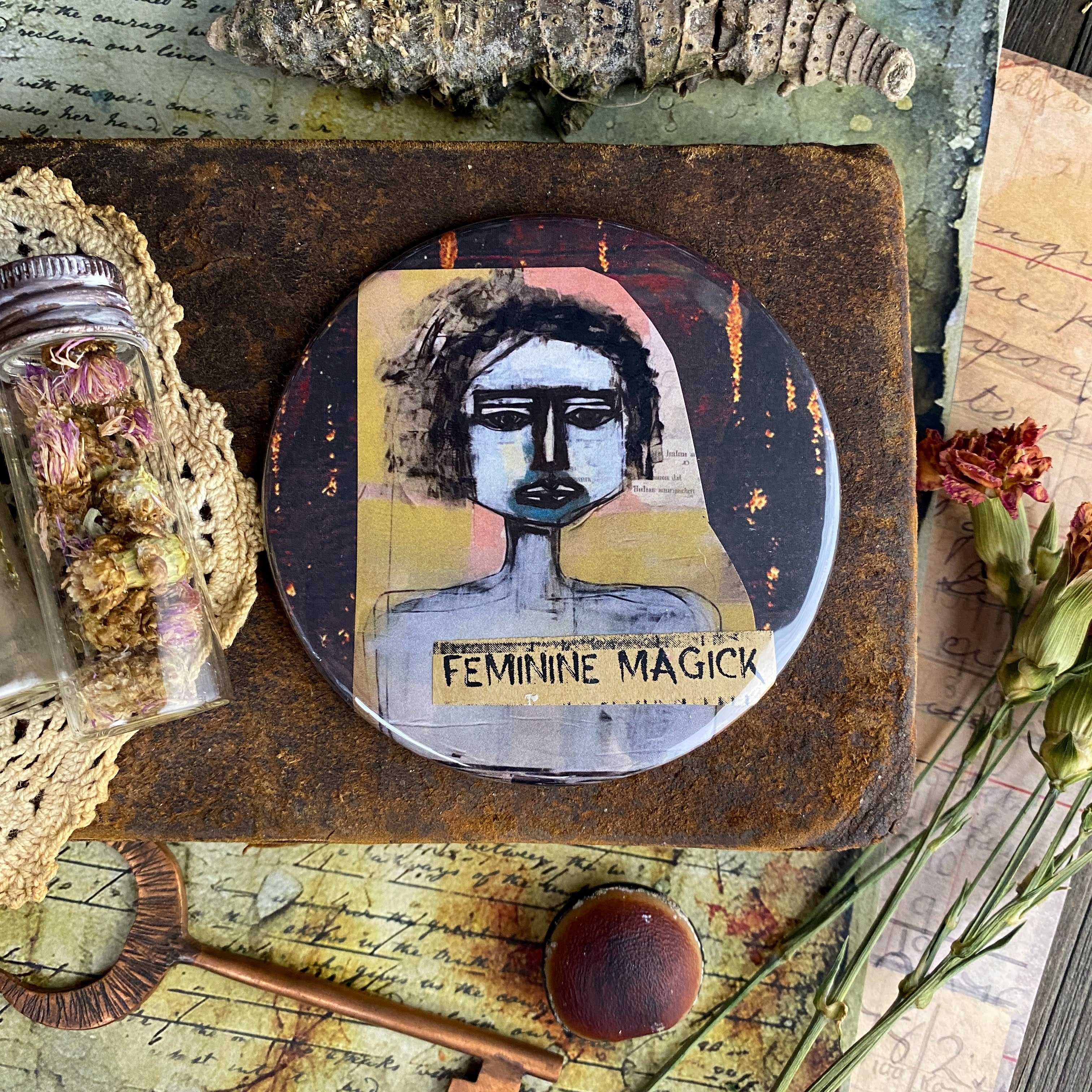 FEMININE MAGICK - Hand Pressed Pocket Mirror with Original Collage Art