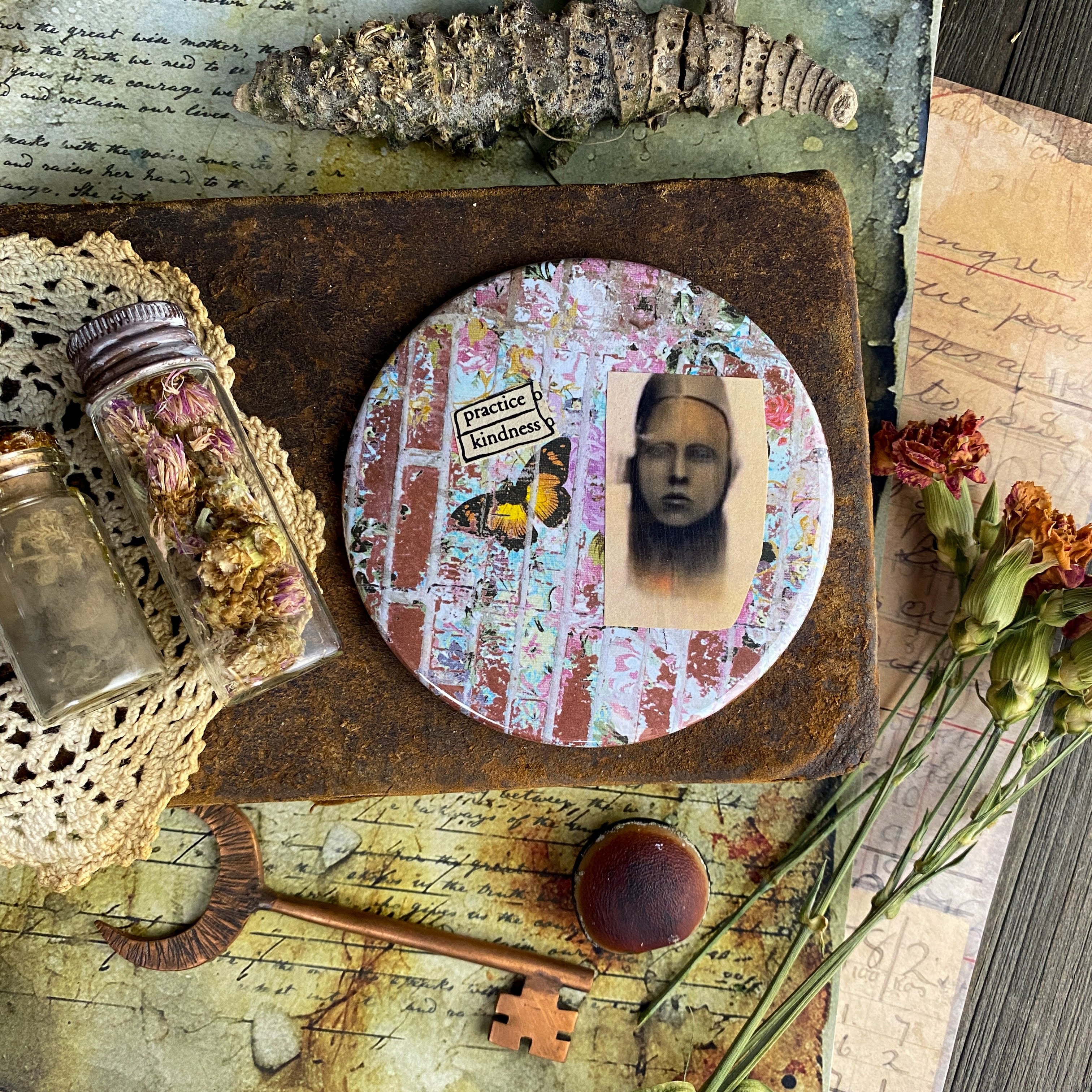 PRACTICE KINDNESS - Hand Pressed Pocket Mirror with Original Collage Art
