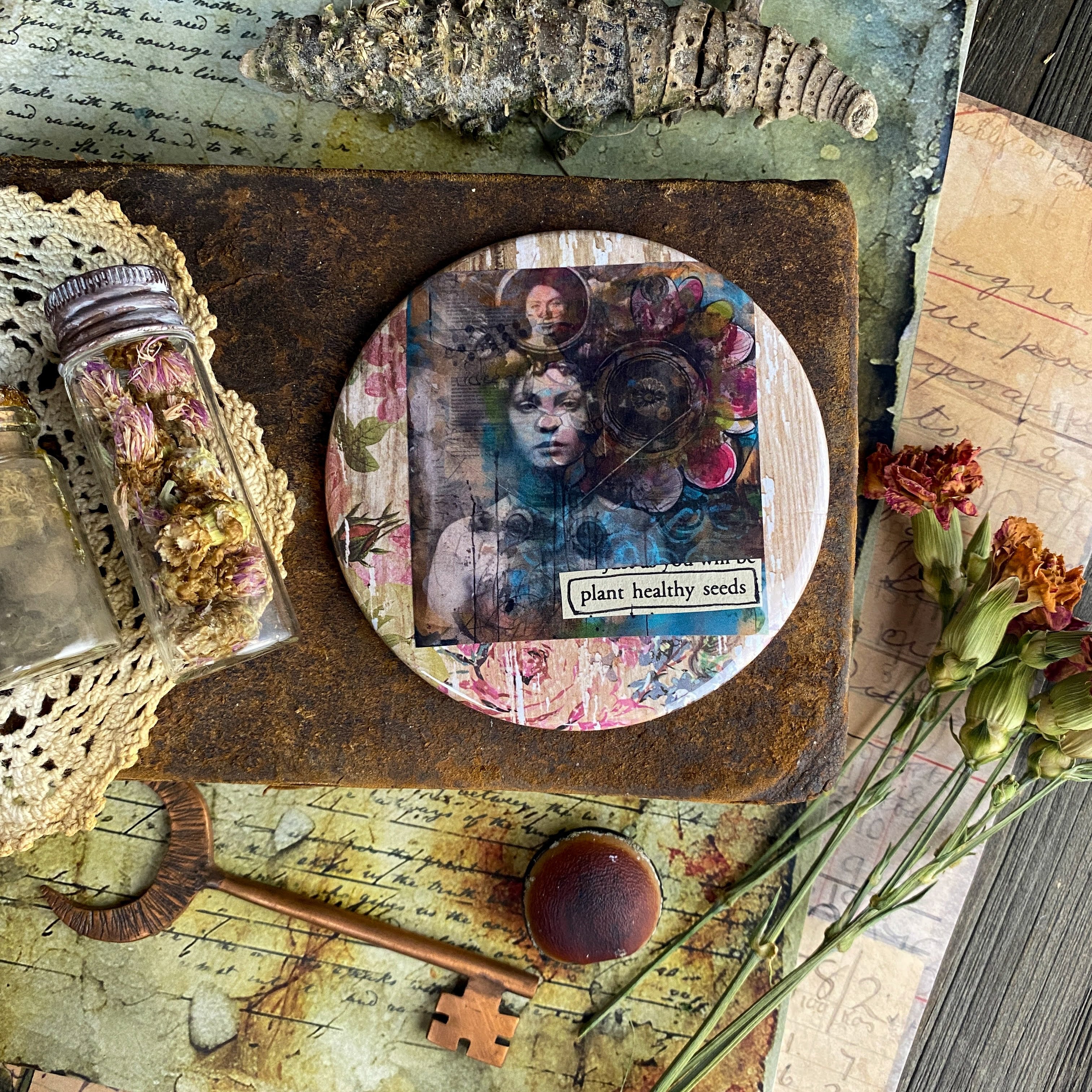 PLANT HEALTHY SEEDS - Hand Pressed Pocket Mirror with Original Collage Art